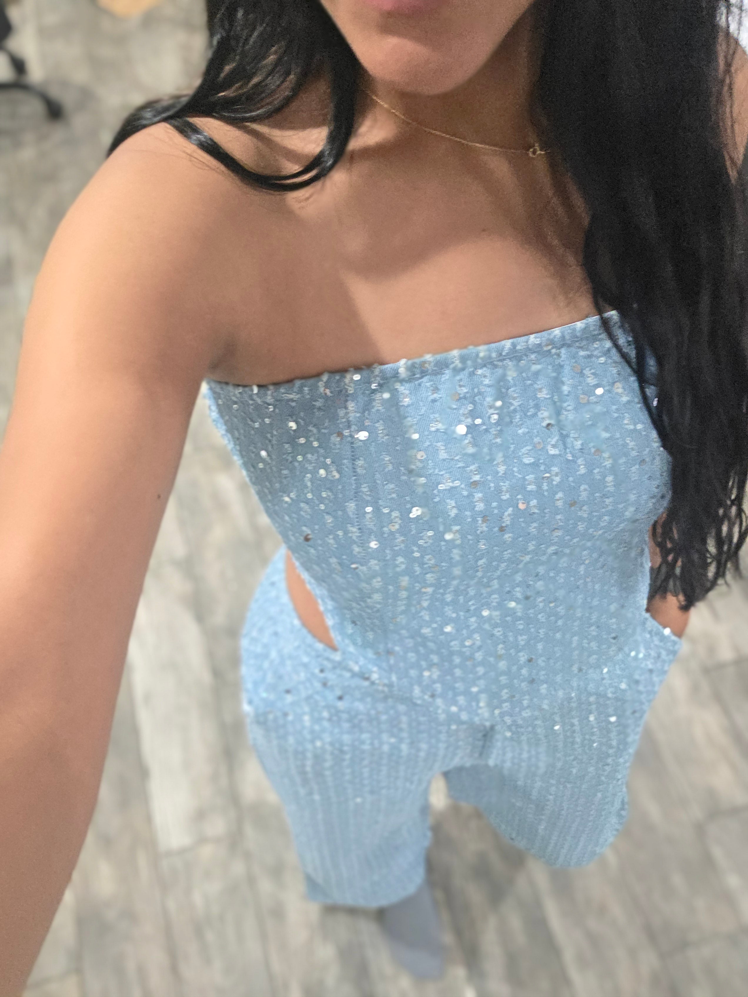 Demin Sequin Tube Top Wide Leg Pants Casual Set