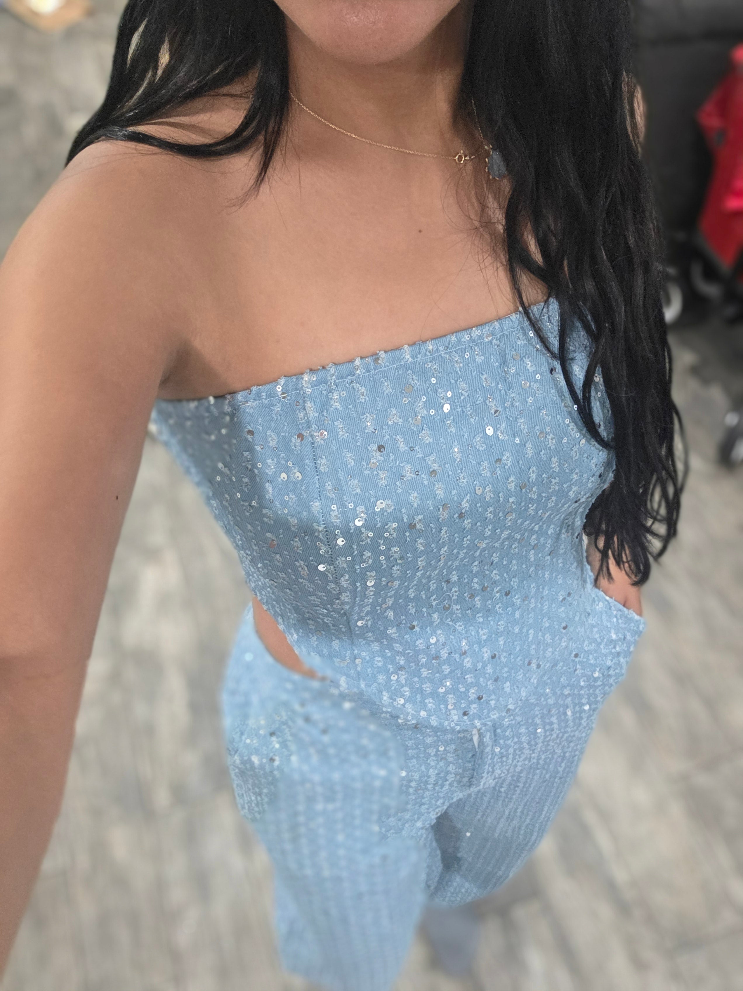 Demin Sequin Tube Top Wide Leg Pants Casual Set
