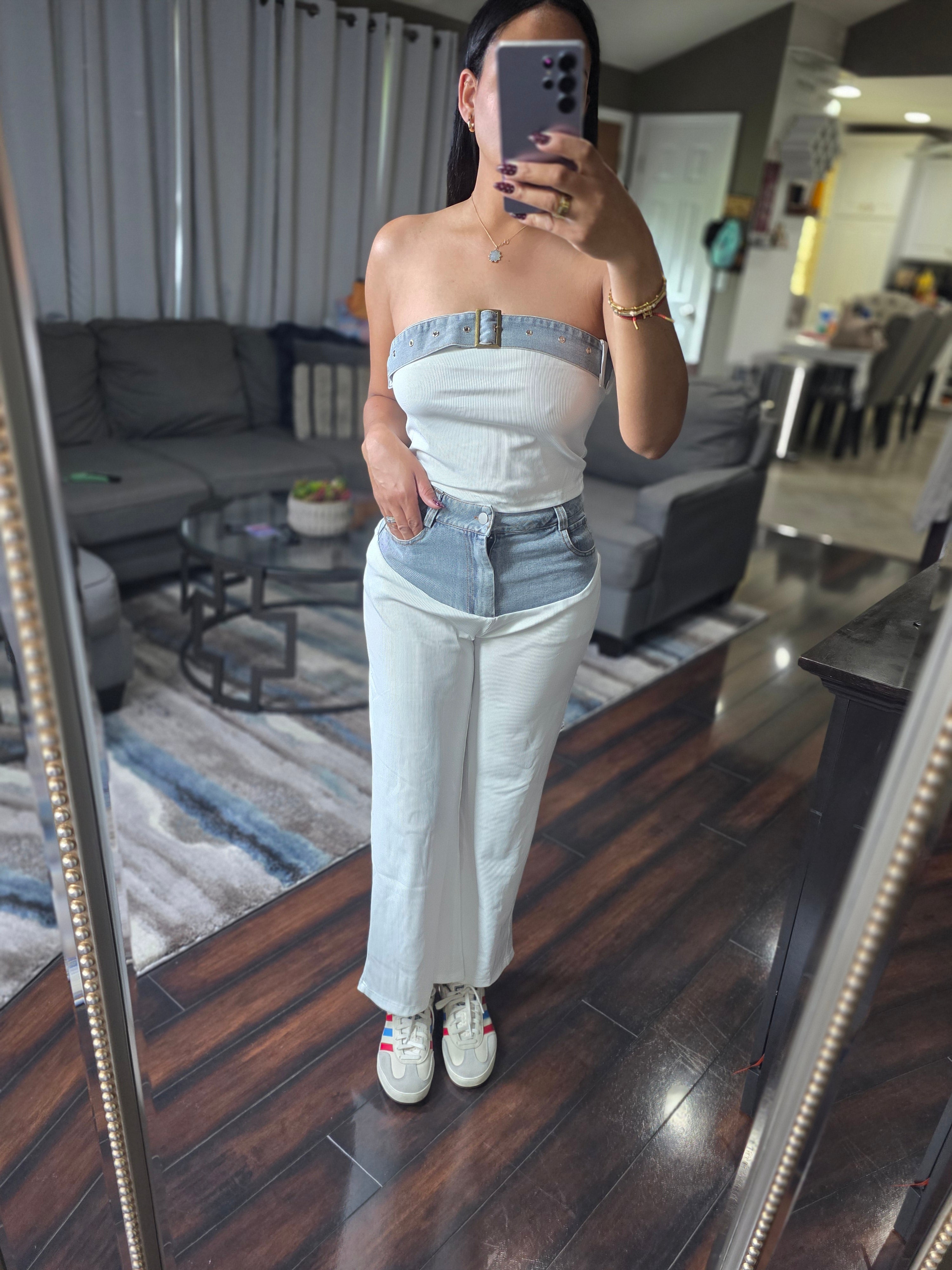 Denim Contrast Twill Straight Leg Pant Set Belted Crop Tube