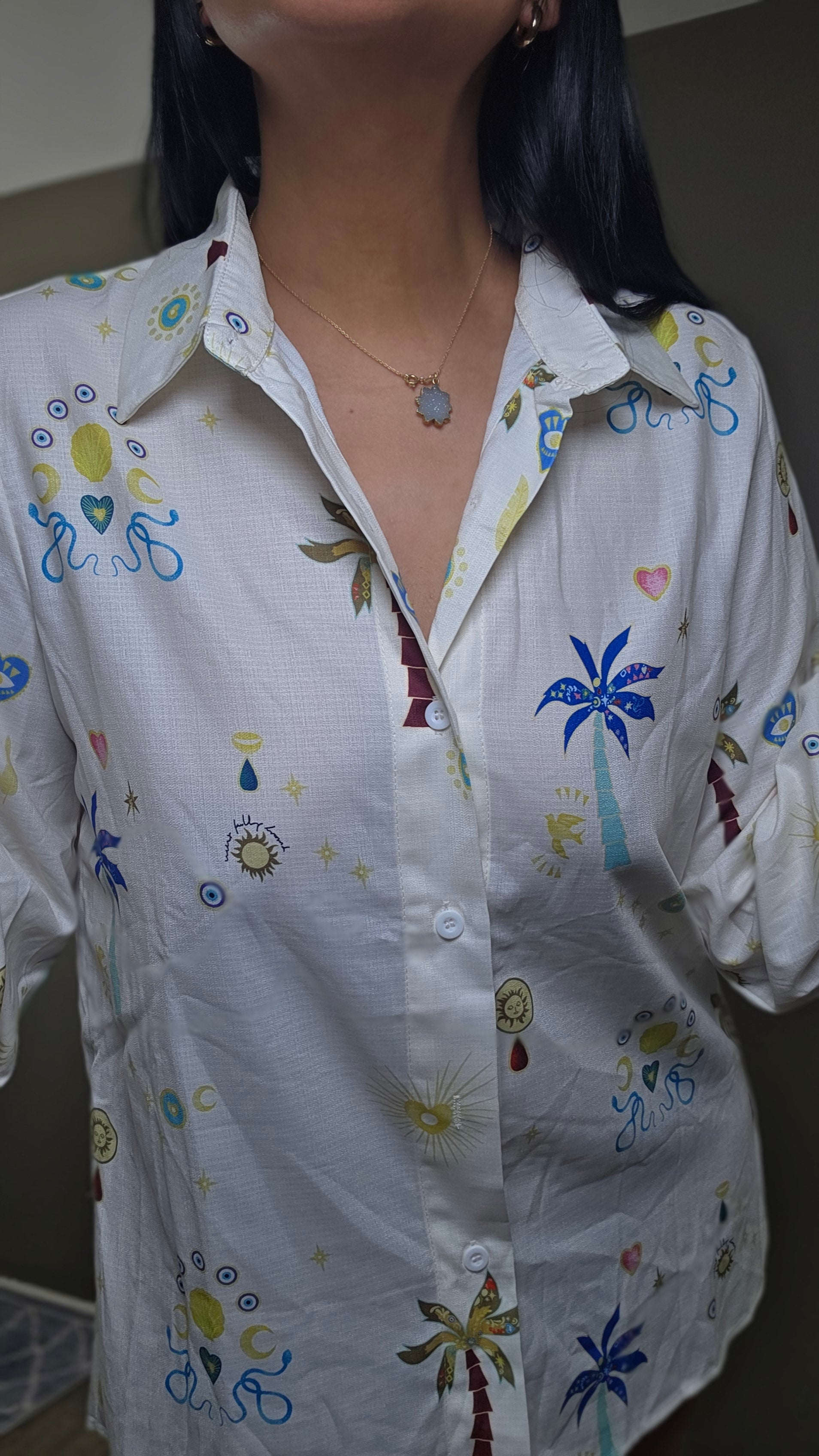 Collared Palm Tree Embroidered Blouse Shirt Top