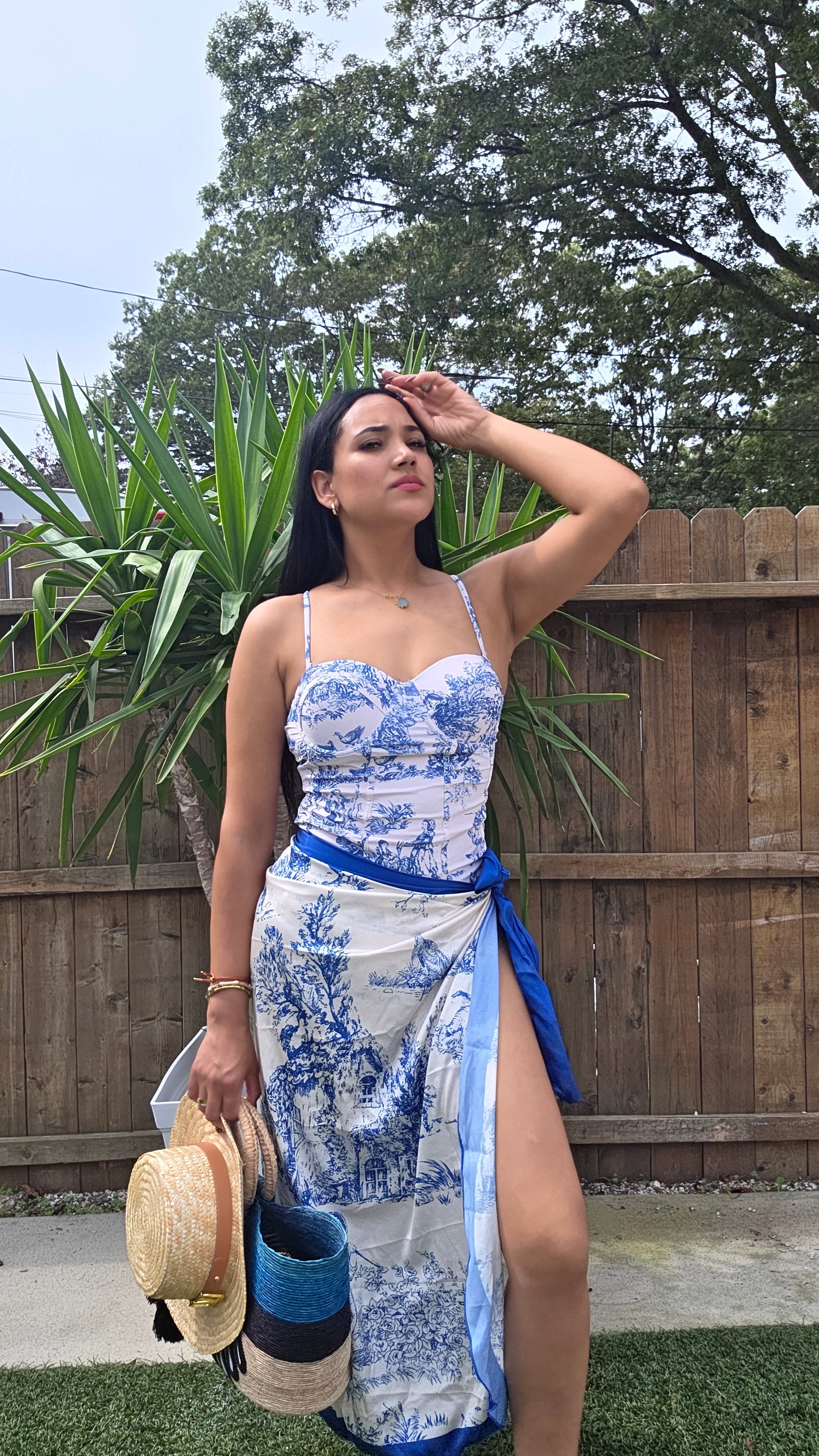 Retro Print One-Piece Swimsuit with Half-Length Skirt Set