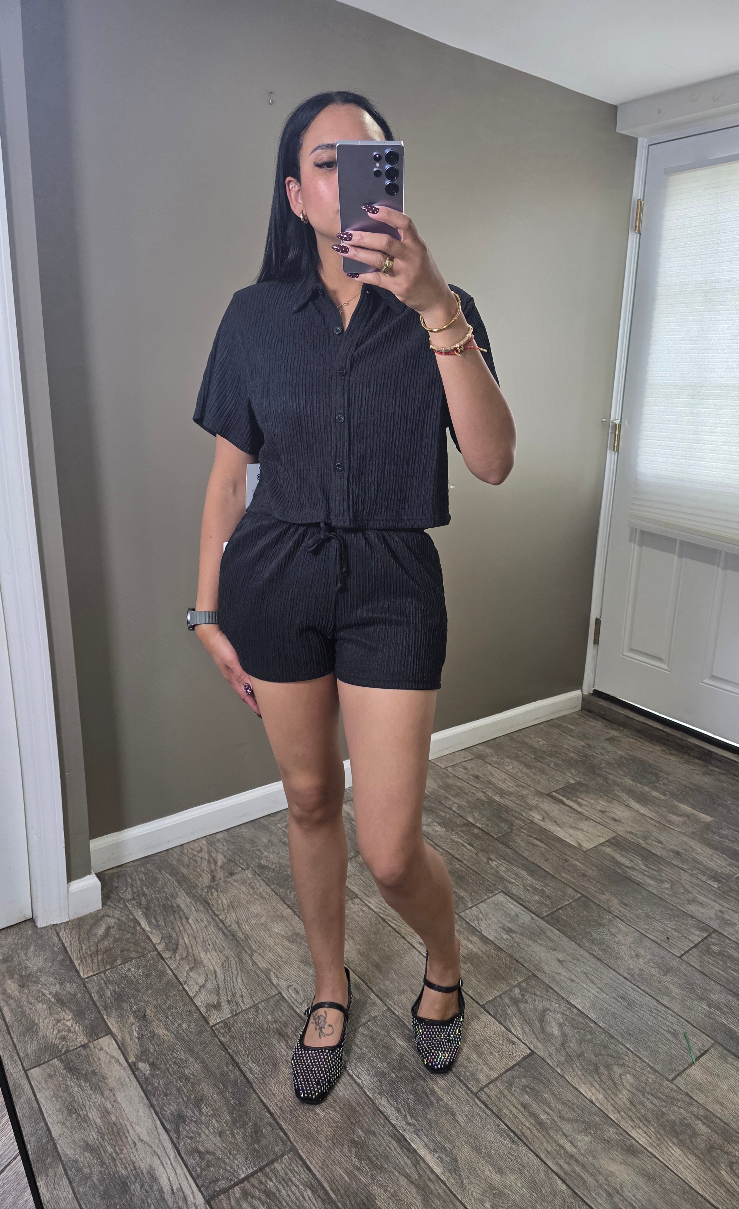 Crinkled Button-Up Short Sleeve Top and Shorts Set