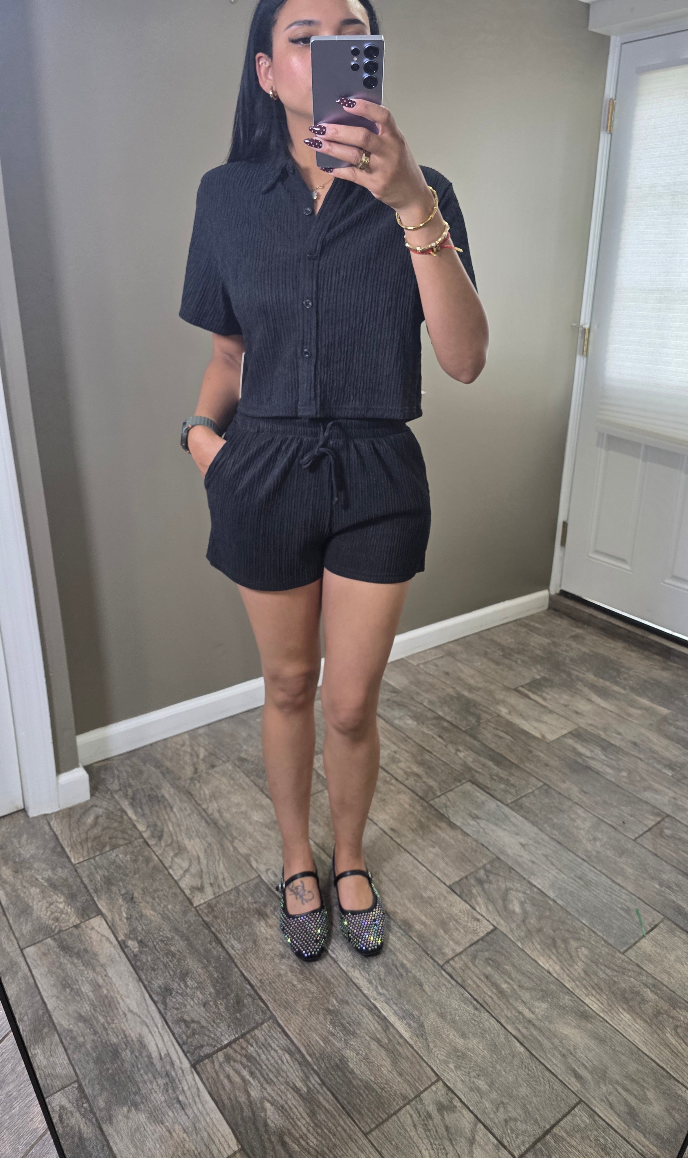 Crinkled Button-Up Short Sleeve Top and Shorts Set