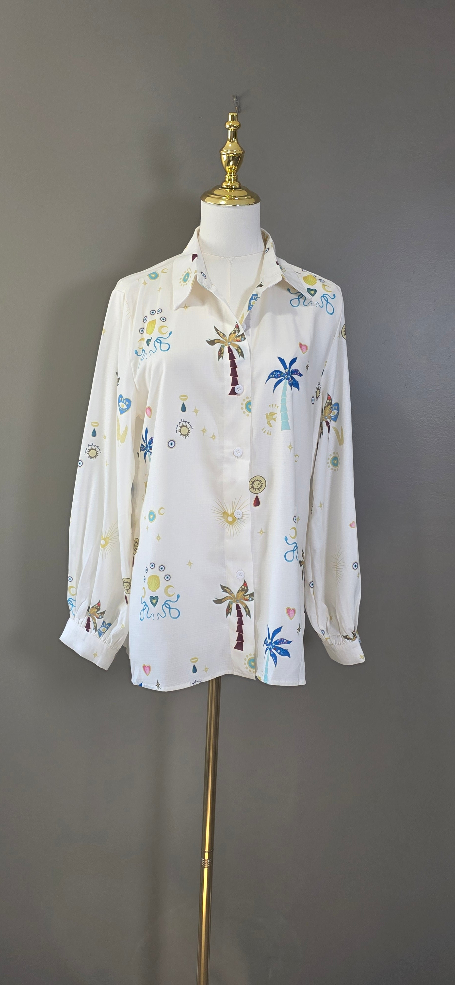 Collared Palm Tree Embroidered Blouse Shirt Top