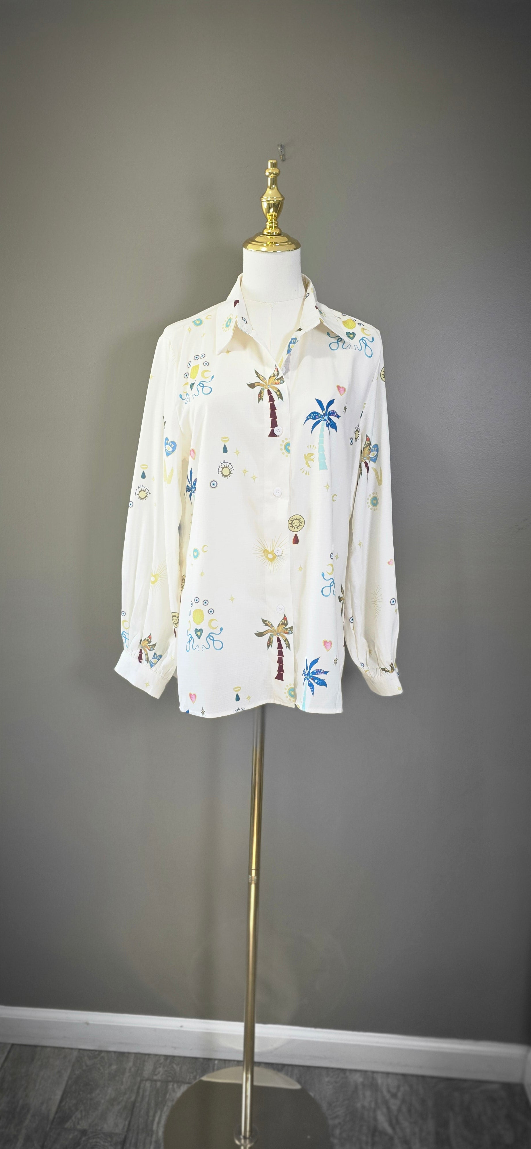 Collared Palm Tree Embroidered Blouse Shirt Top