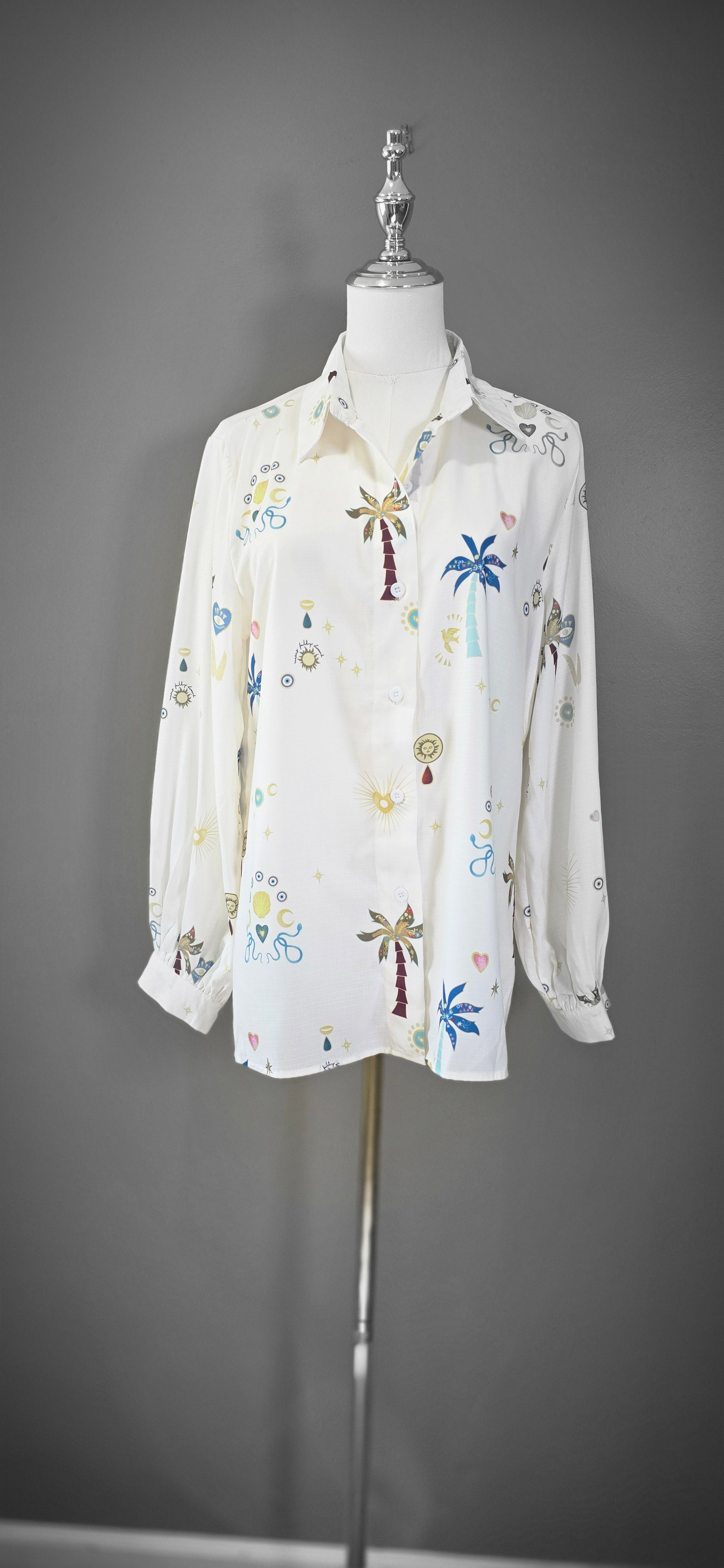 Collared Palm Tree Embroidered Blouse Shirt Top