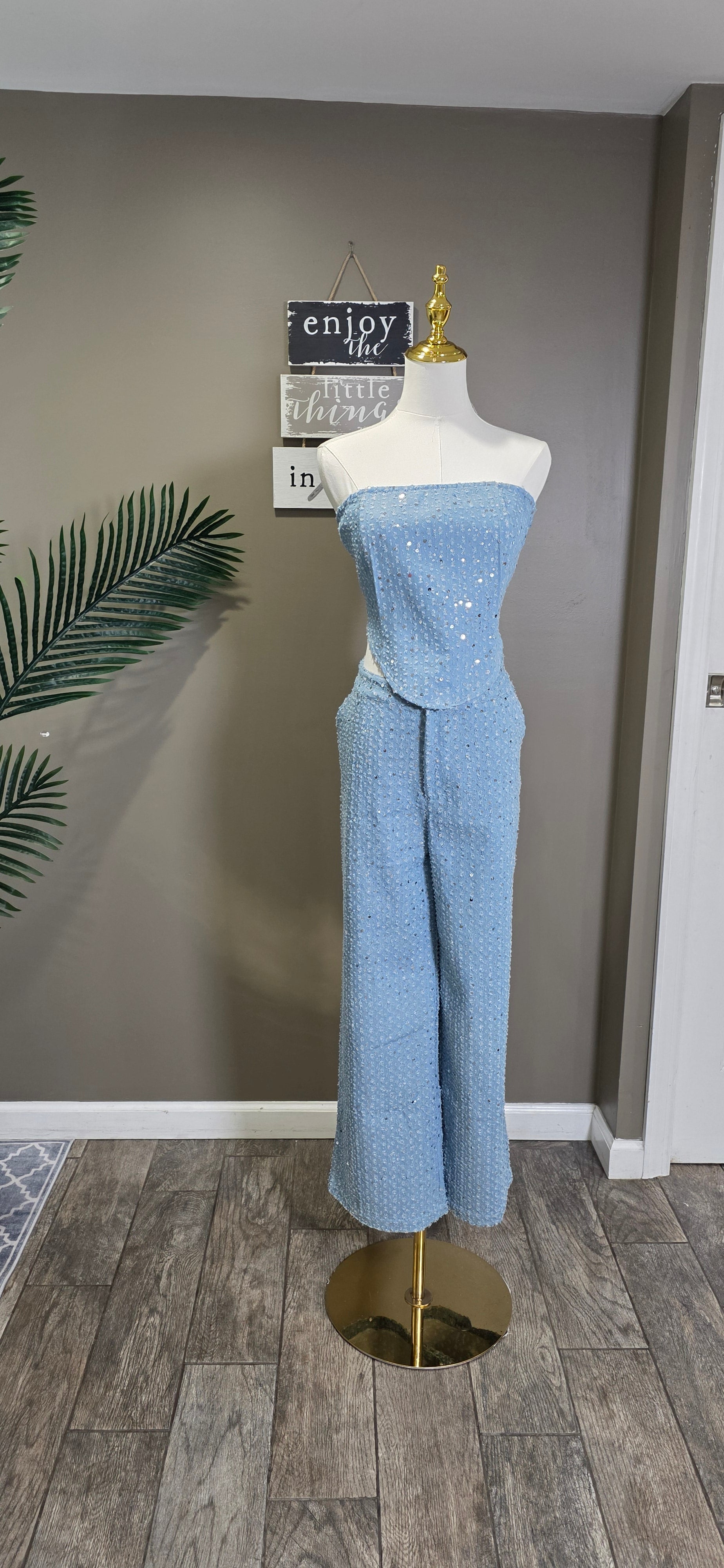 Demin Sequin Tube Top Wide Leg Pants Casual Set