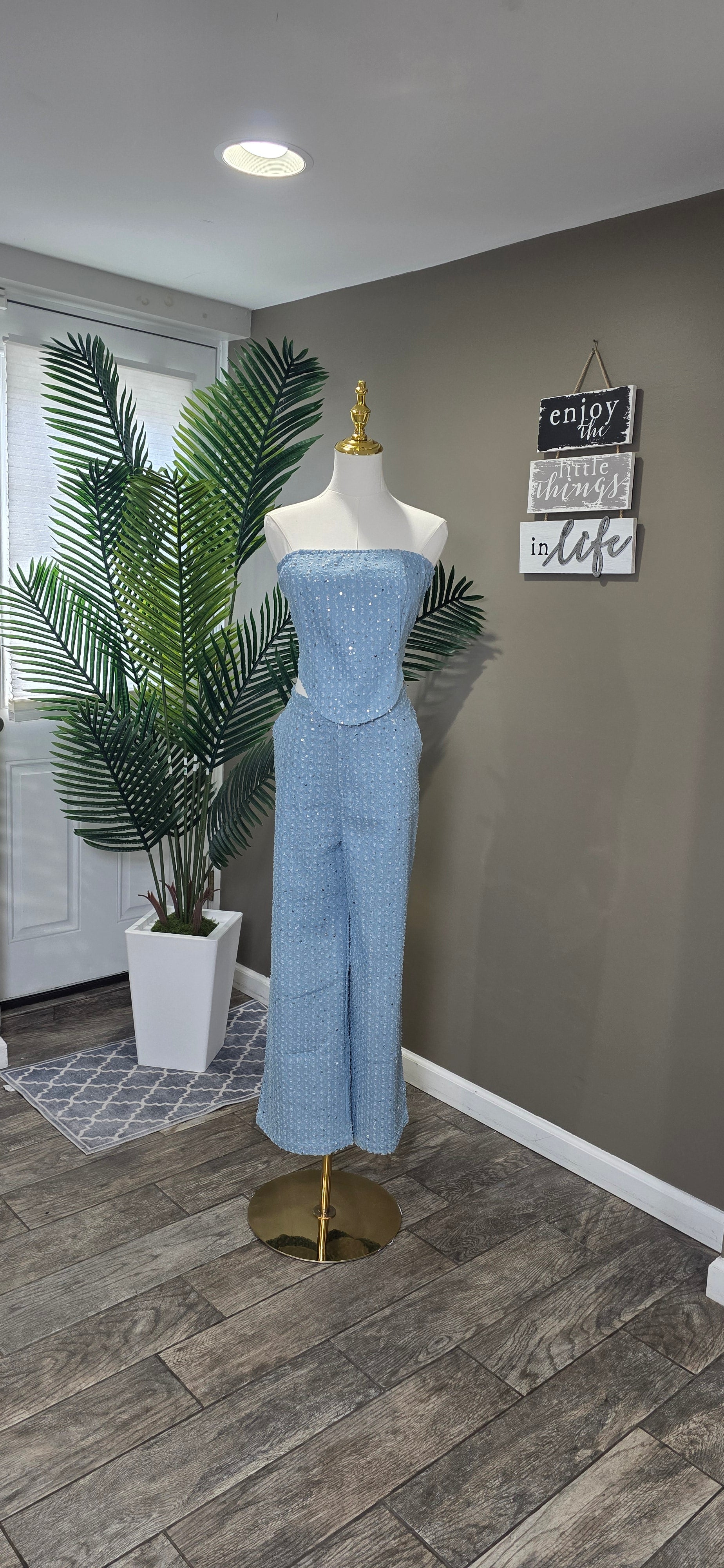 Demin Sequin Tube Top Wide Leg Pants Casual Set