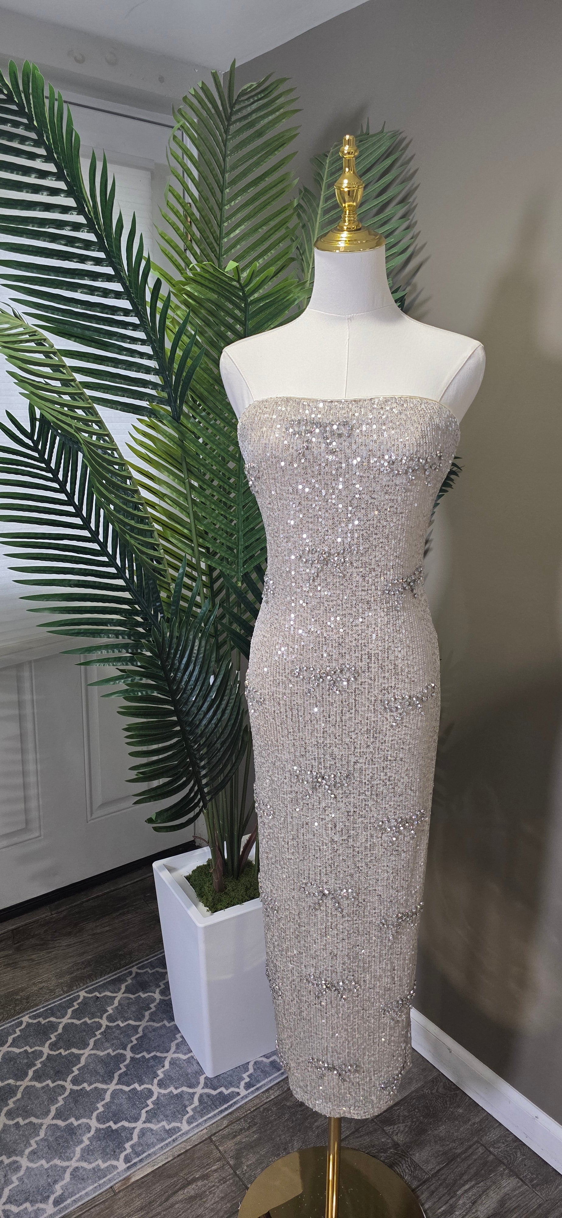 Champagne Bow Sparkly Midi Dress