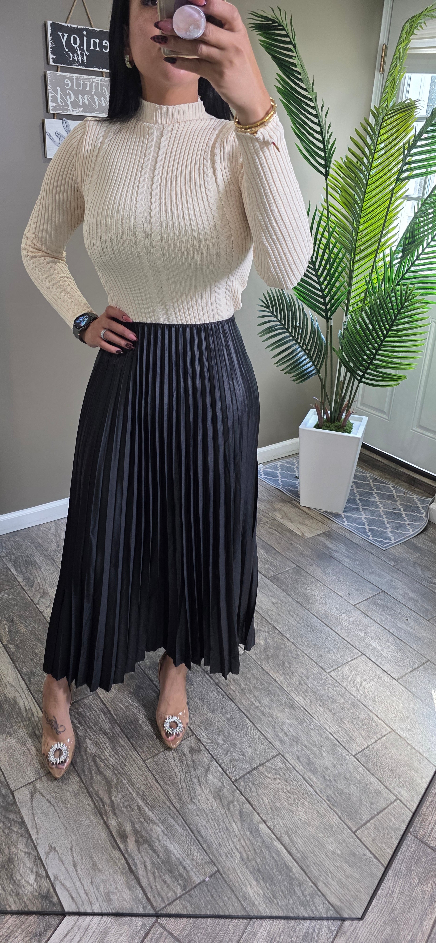 Mock Neck Knit Top Cable Knit Fitted Knit