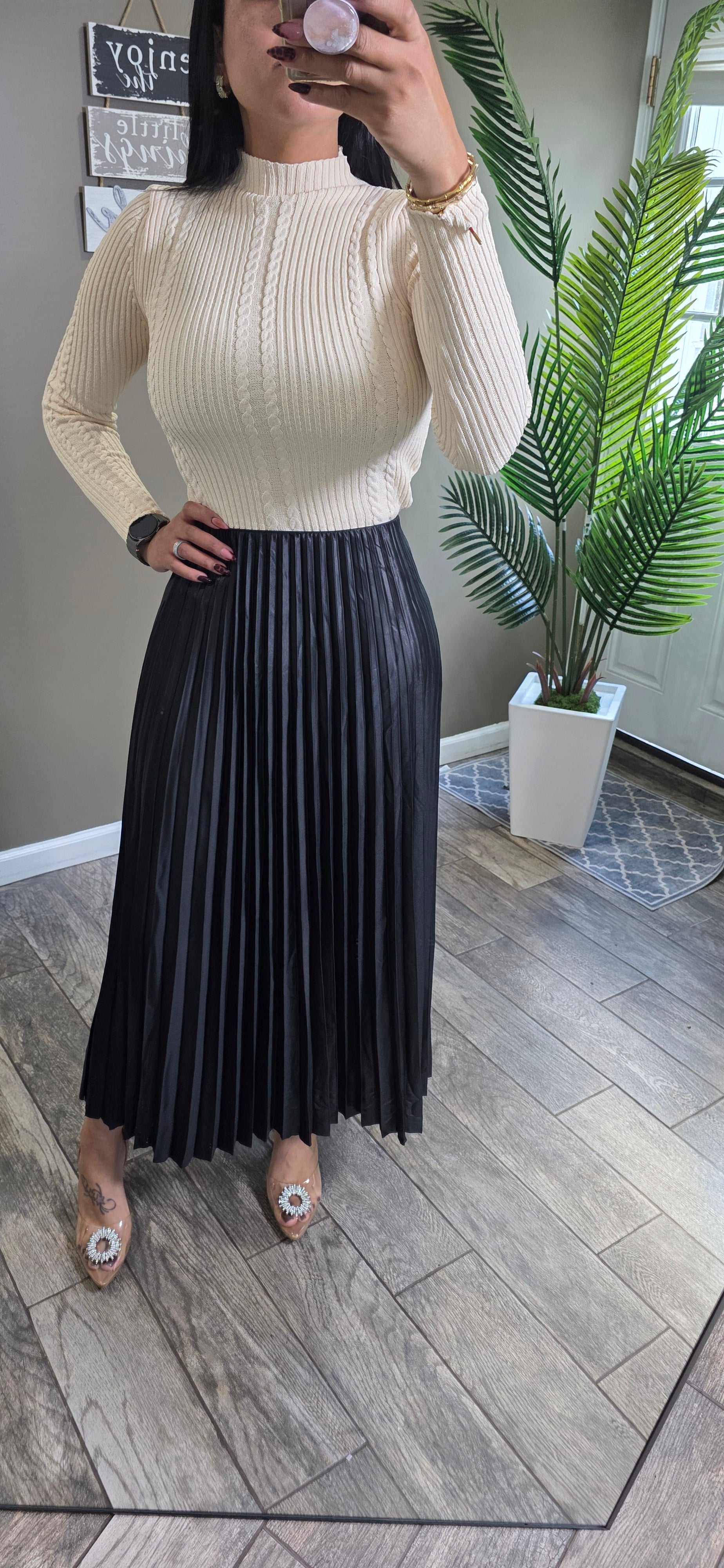 Mock Neck Knit Top Cable Knit Fitted Knit