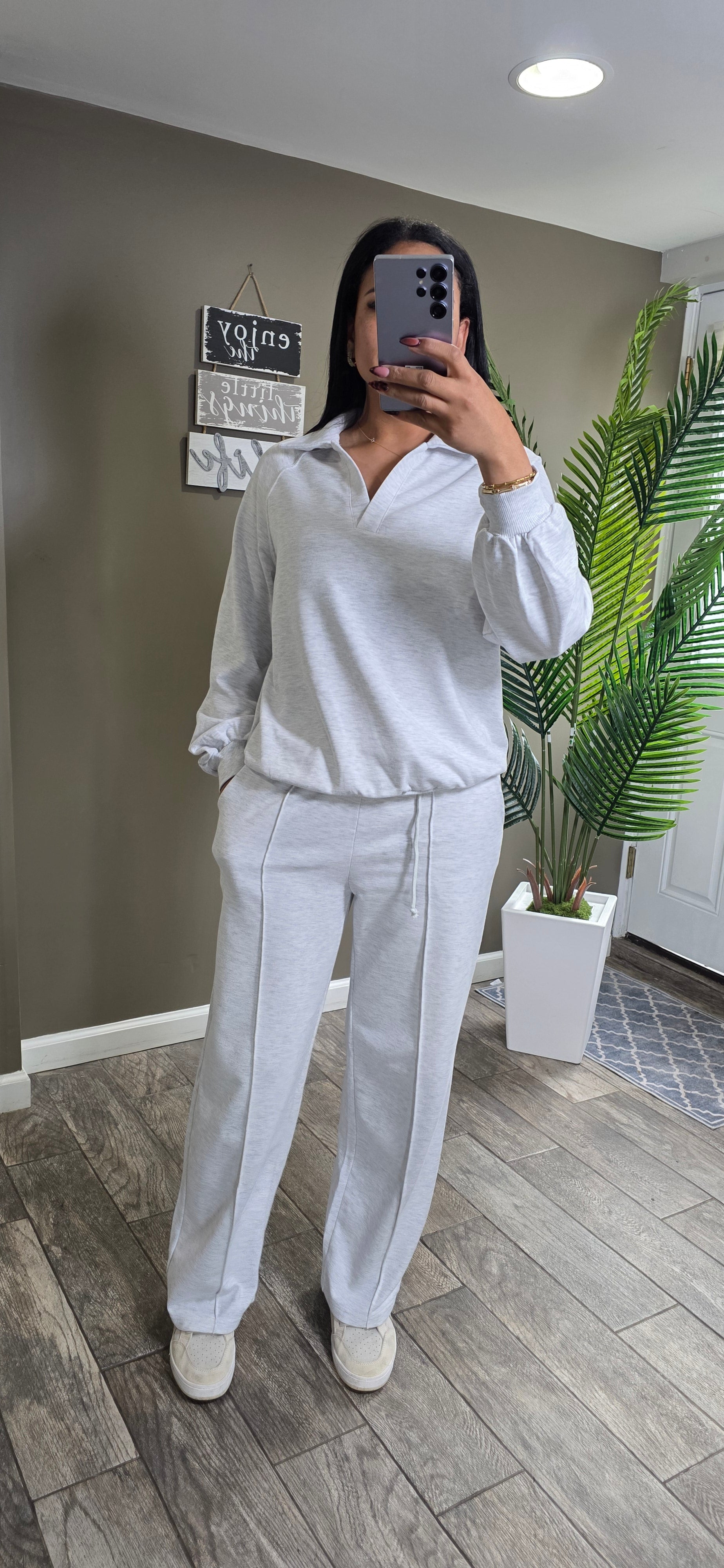 Collared Pullover and Drawstring Sweatpants 2Pcs Set