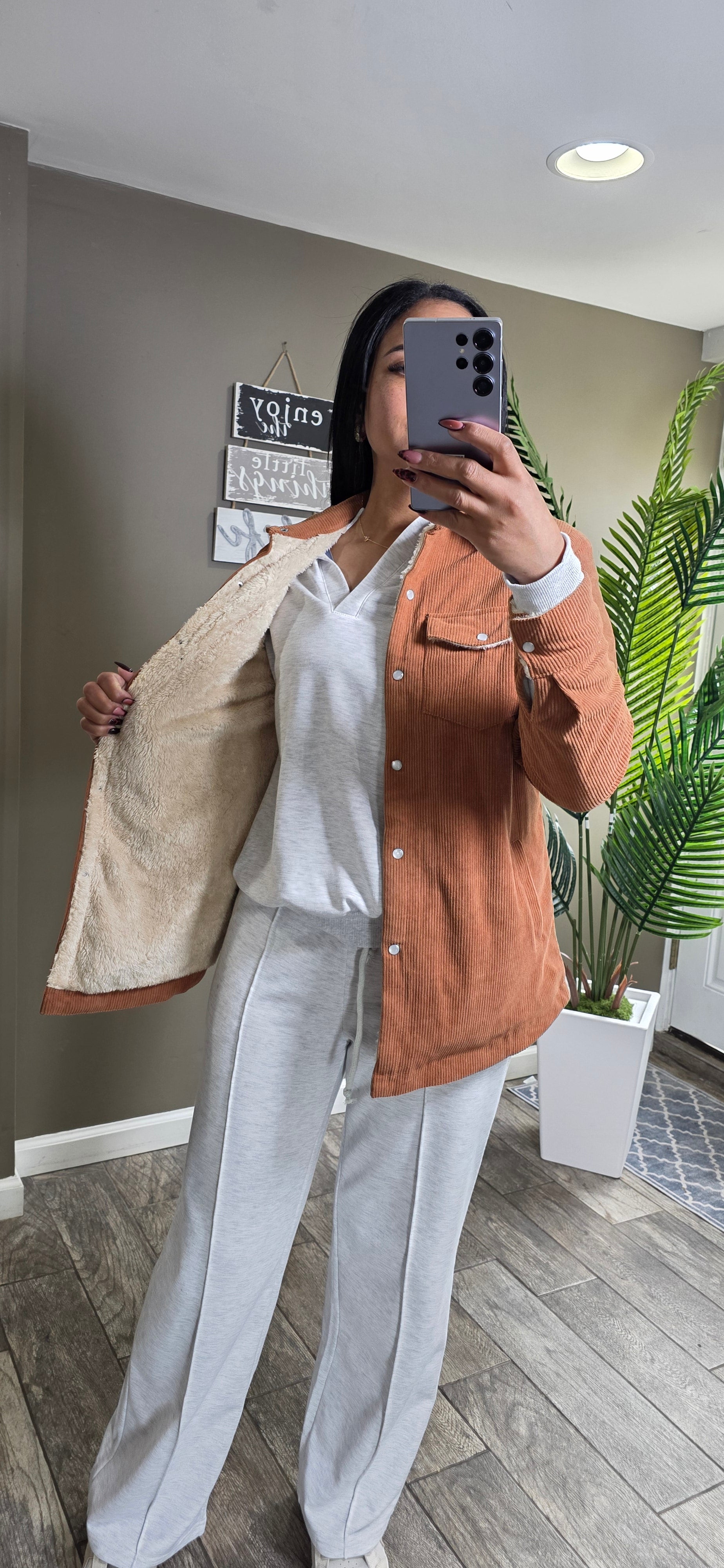 Fleece Lined Buttoned Flap Pockets Corduroy Jacket