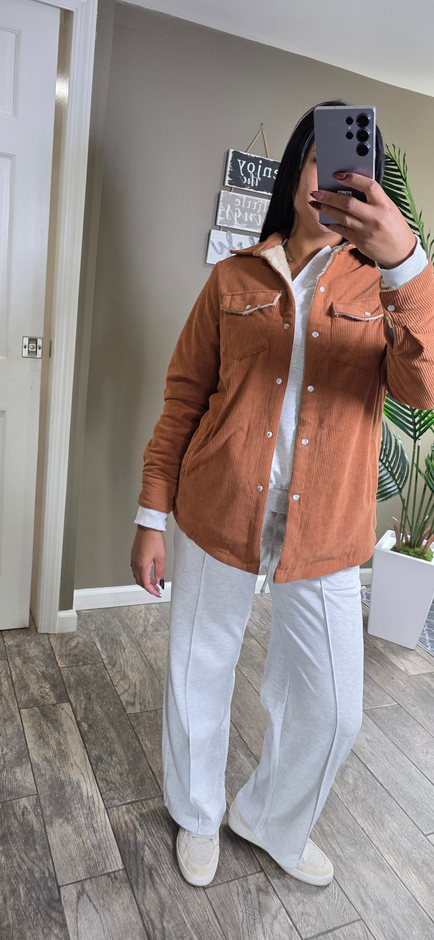 Fleece Lined Buttoned Flap Pockets Corduroy Jacket
