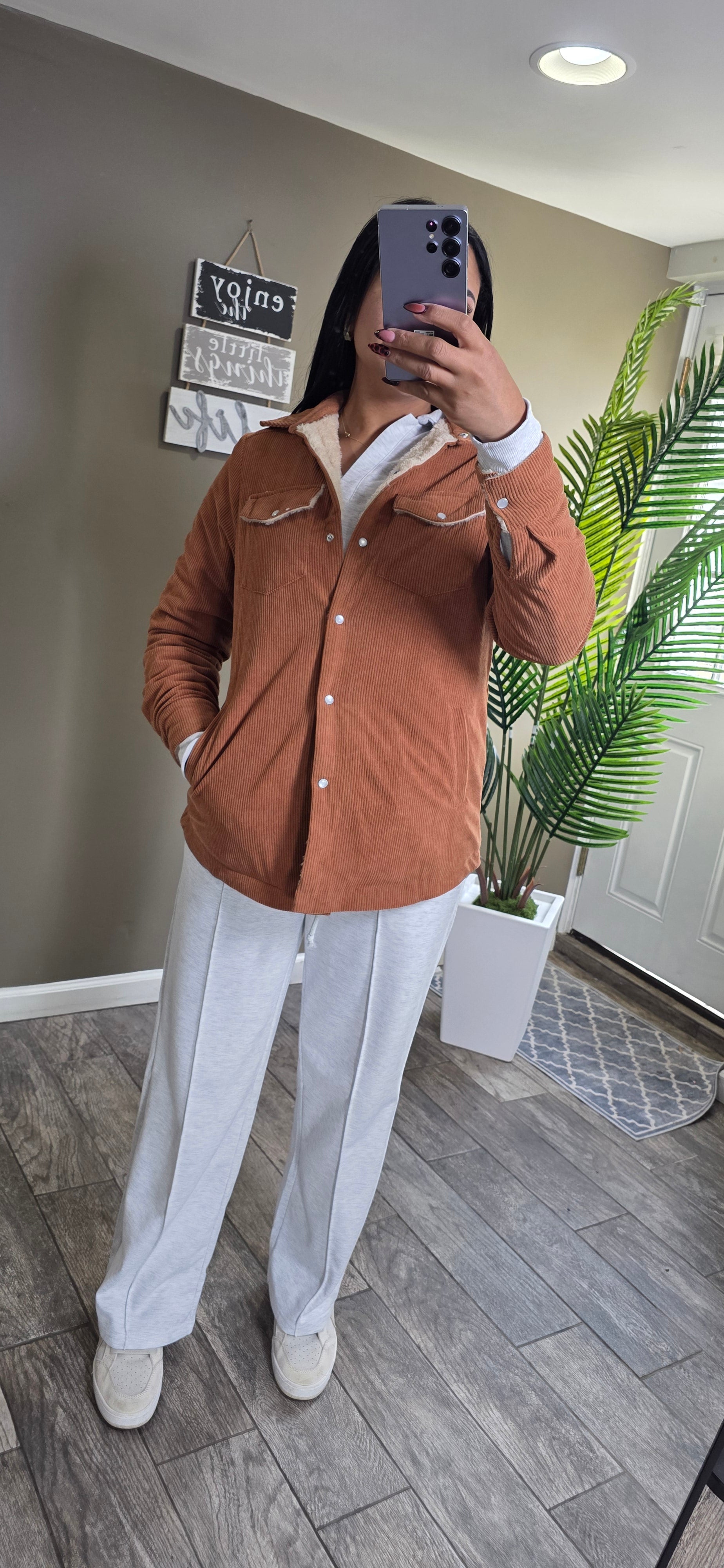 Fleece Lined Buttoned Flap Pockets Corduroy Jacket