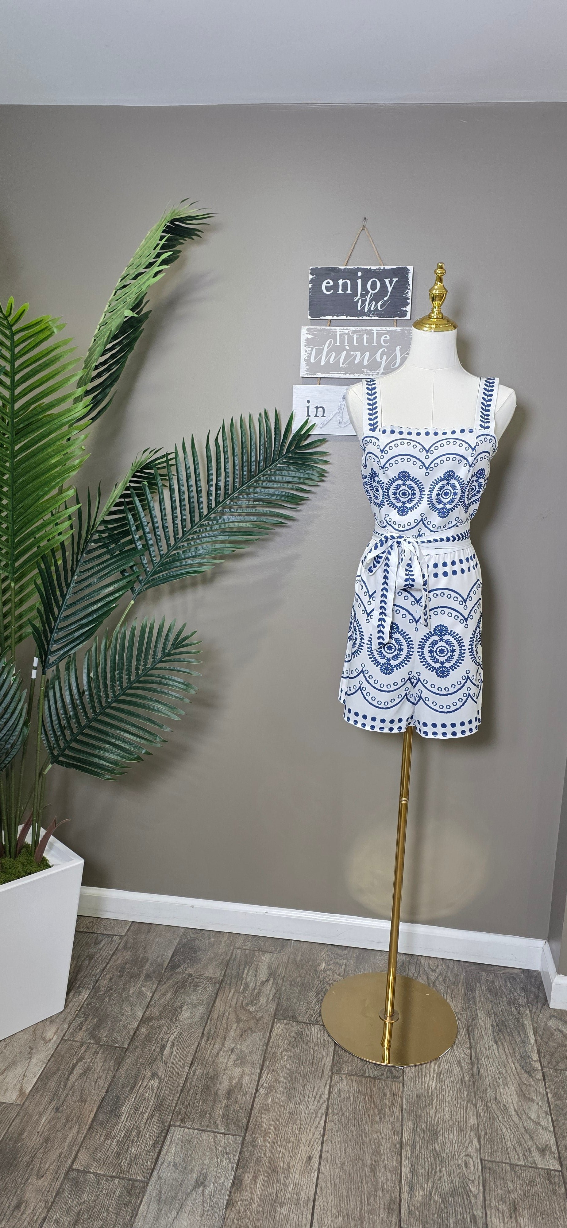 Allover Print Spaghetti Strap Tie Waist Romper