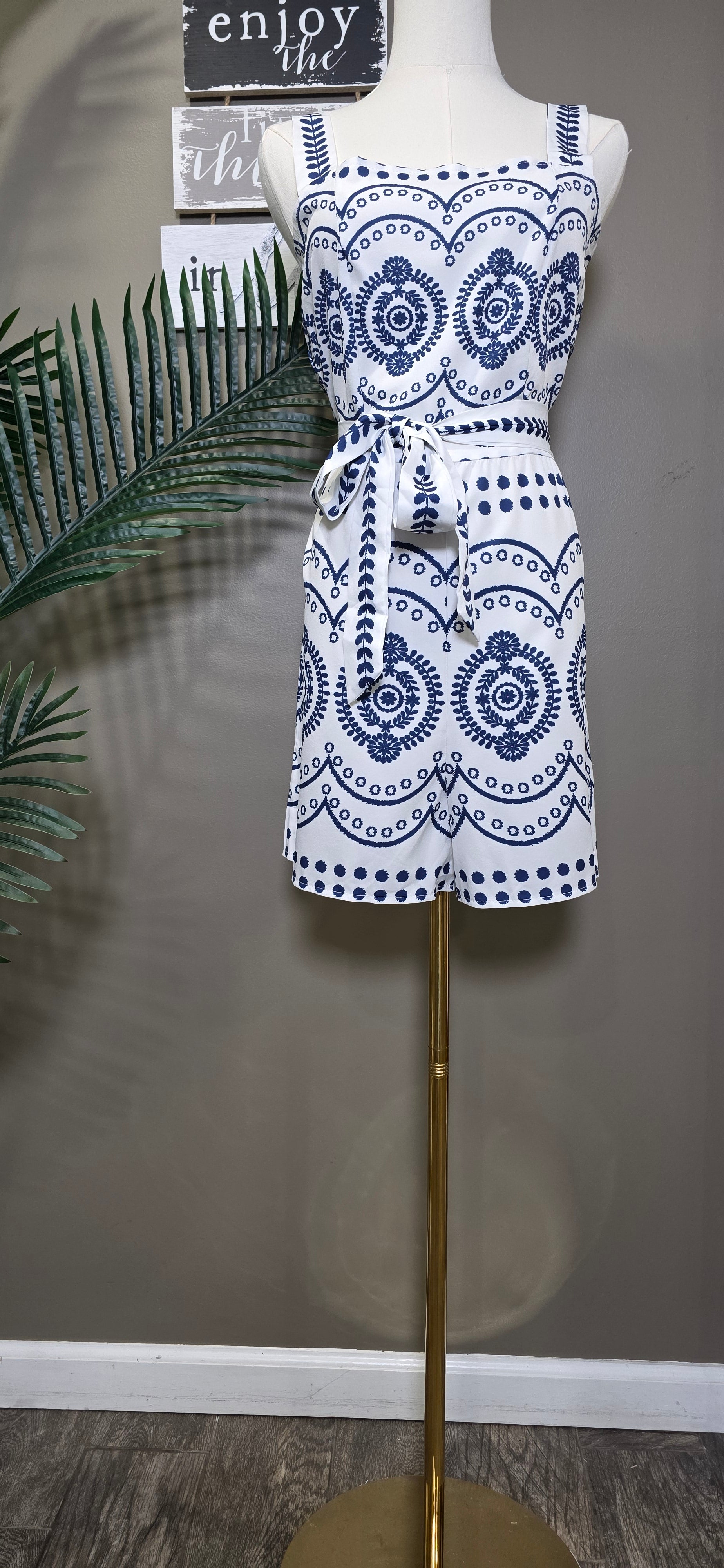 Allover Print Spaghetti Strap Tie Waist Romper