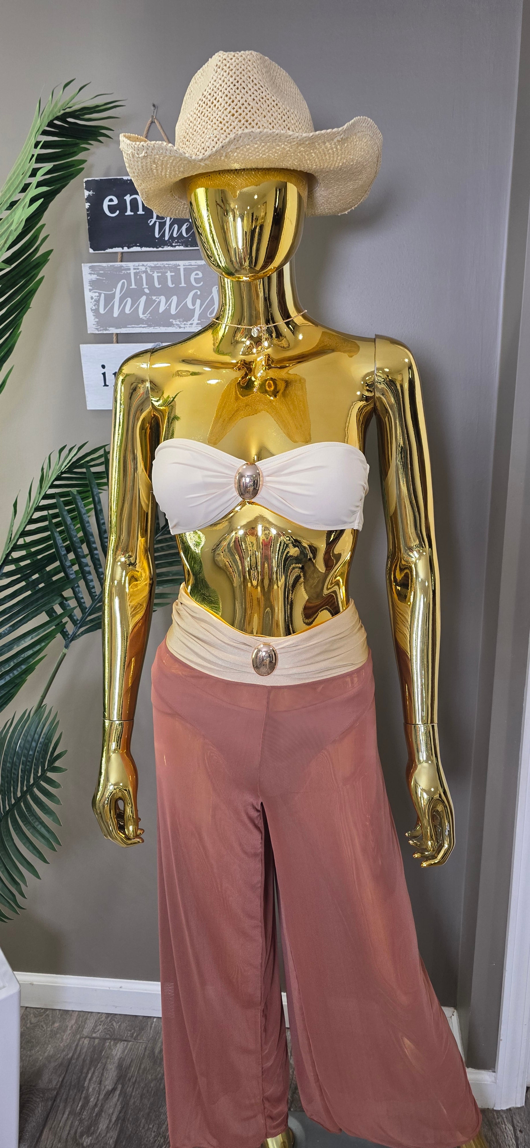 Solid Color Metal Decor Beach Bikini Pants Set