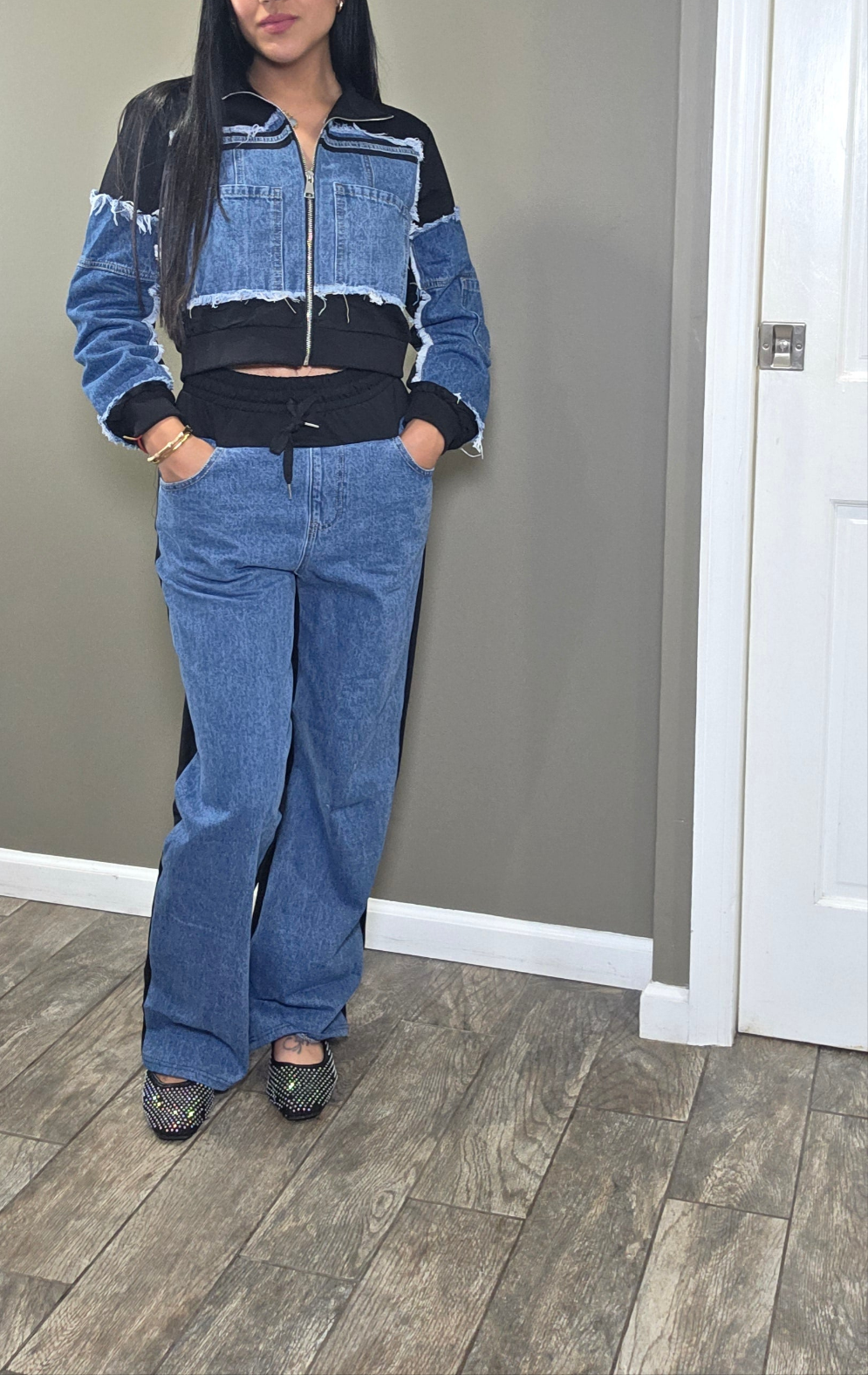 Denim Contrast Pants Set