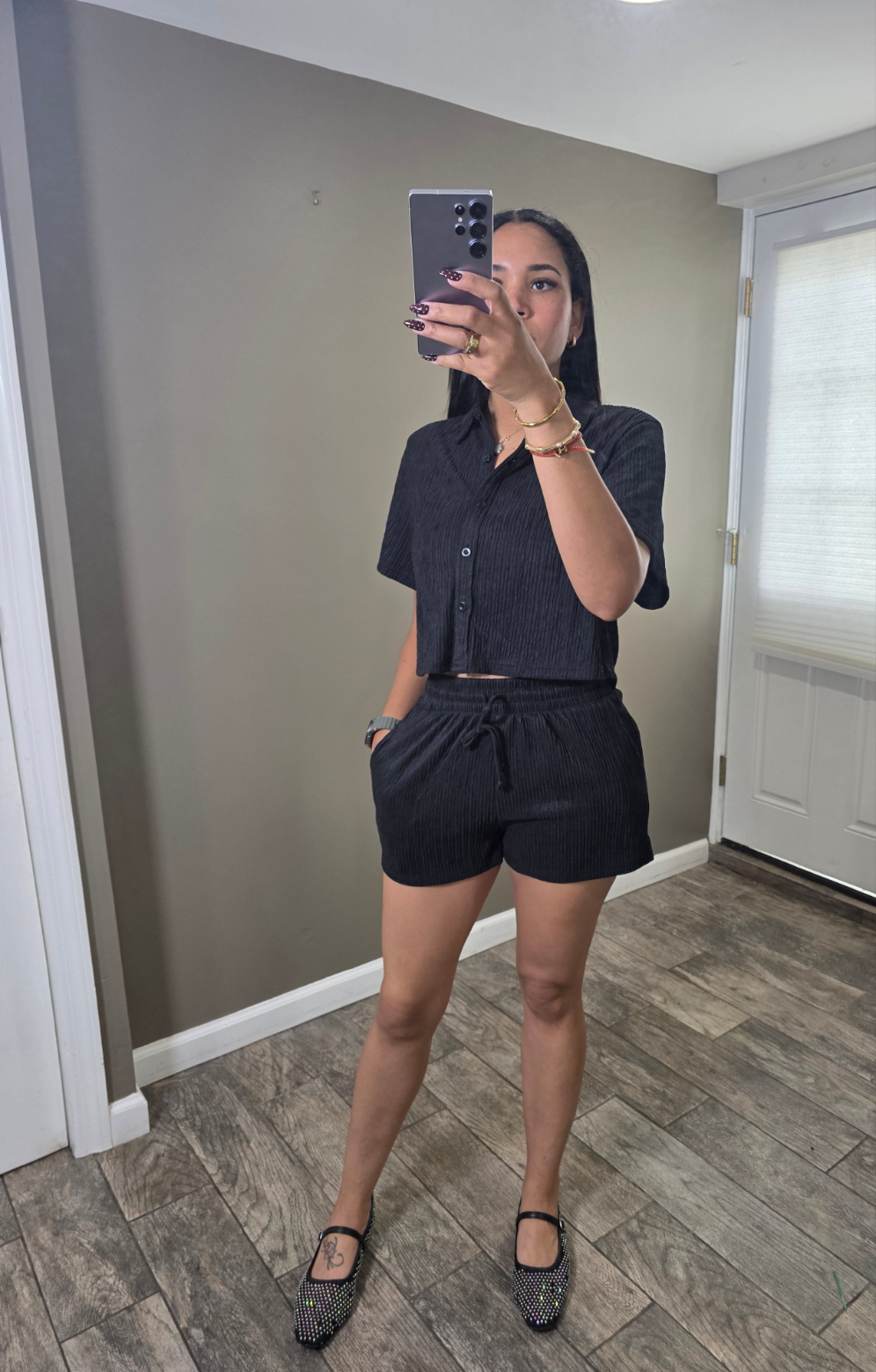 Crinkled Button-Up Short Sleeve Top and Shorts Set
