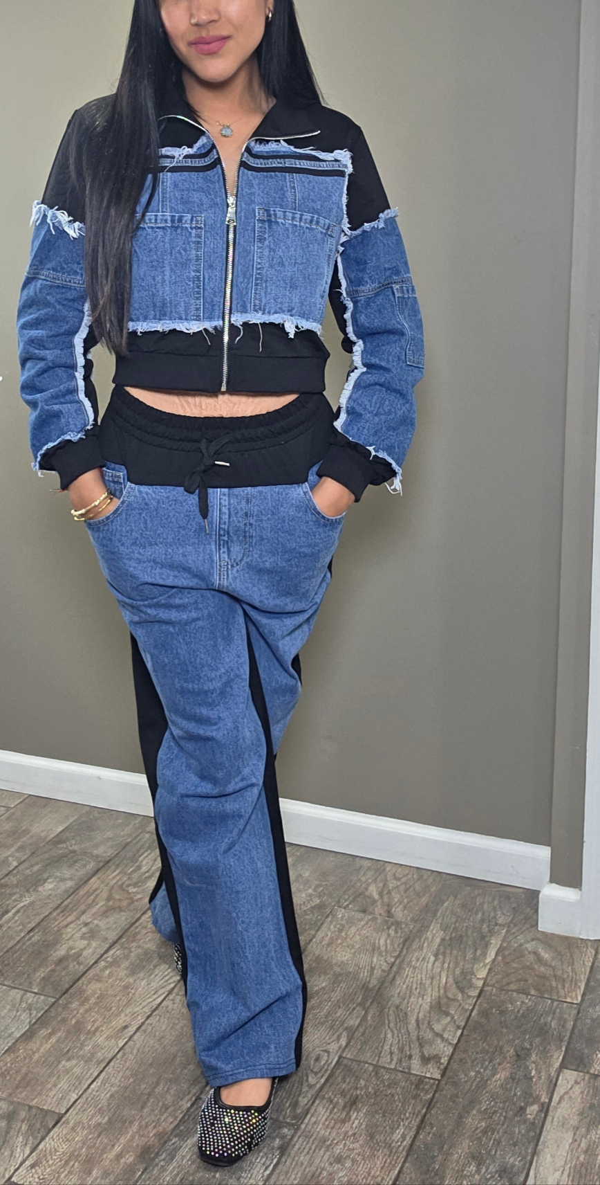 Denim Contrast Pants Set