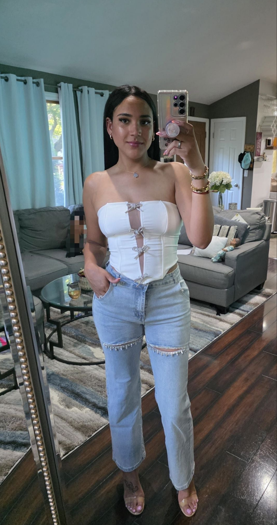 Karmen Strapless Semi Sheer Bow Embellised Bustier Top