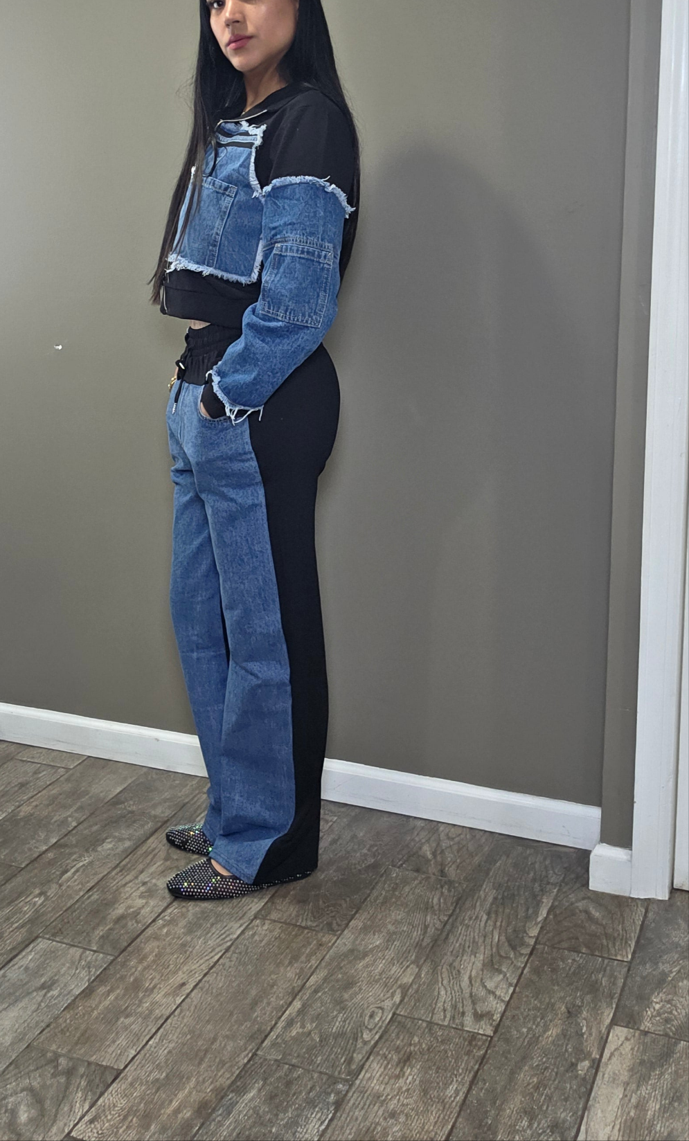 Denim Contrast Pants Set
