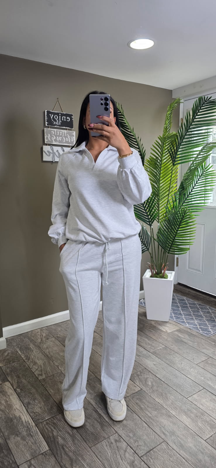 Collared Pullover and Drawstring Sweatpants 2Pcs Set