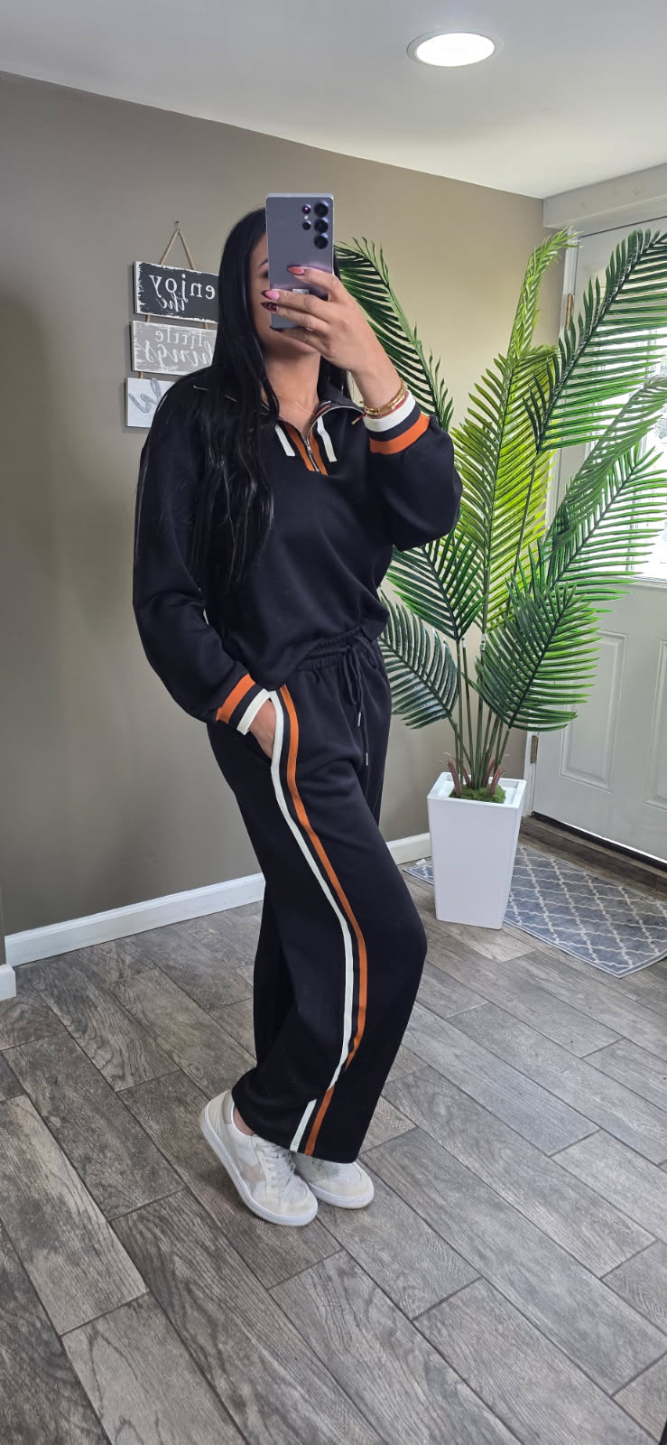 Striped Trim Zip Collared Pullover & Pants Set