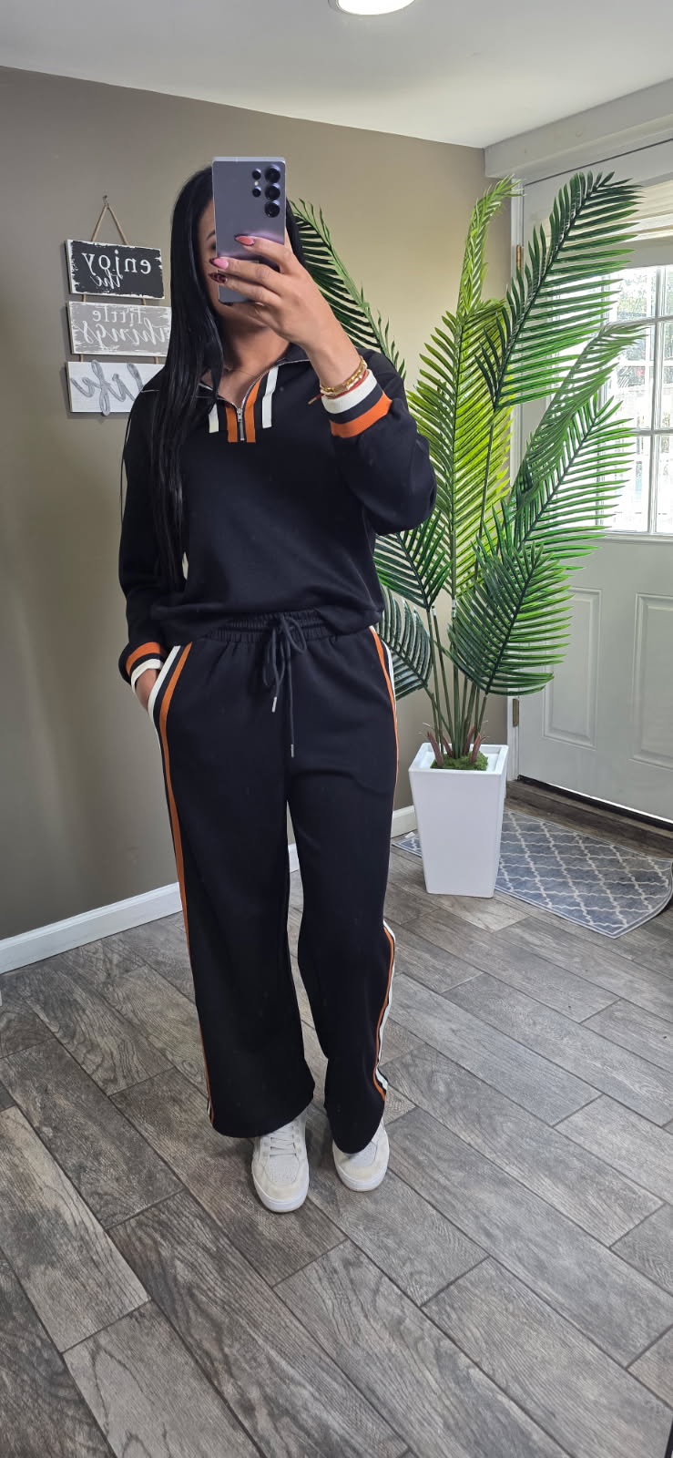 Striped Trim Zip Collared Pullover & Pants Set