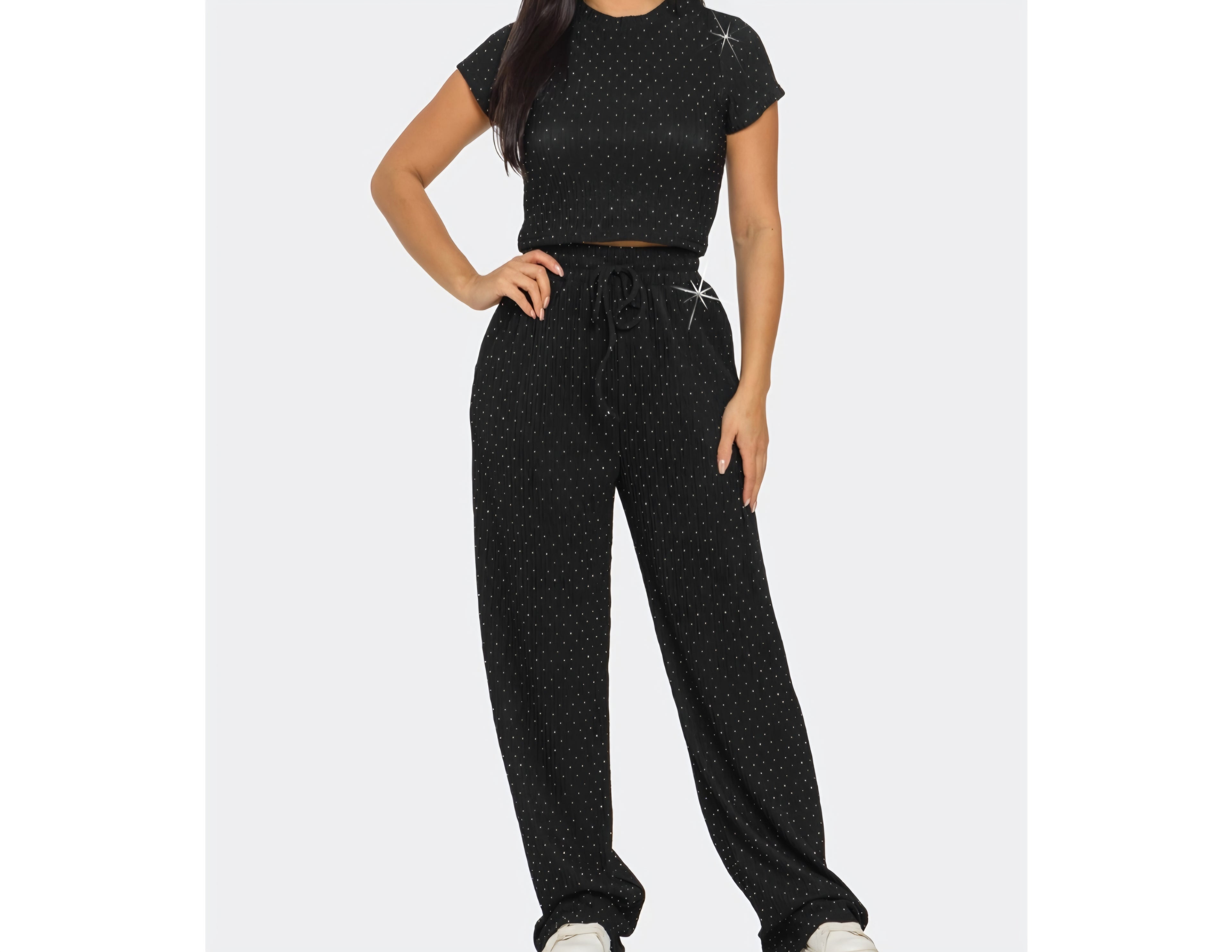 Rhinestone Crop Top and Wide Pants Set