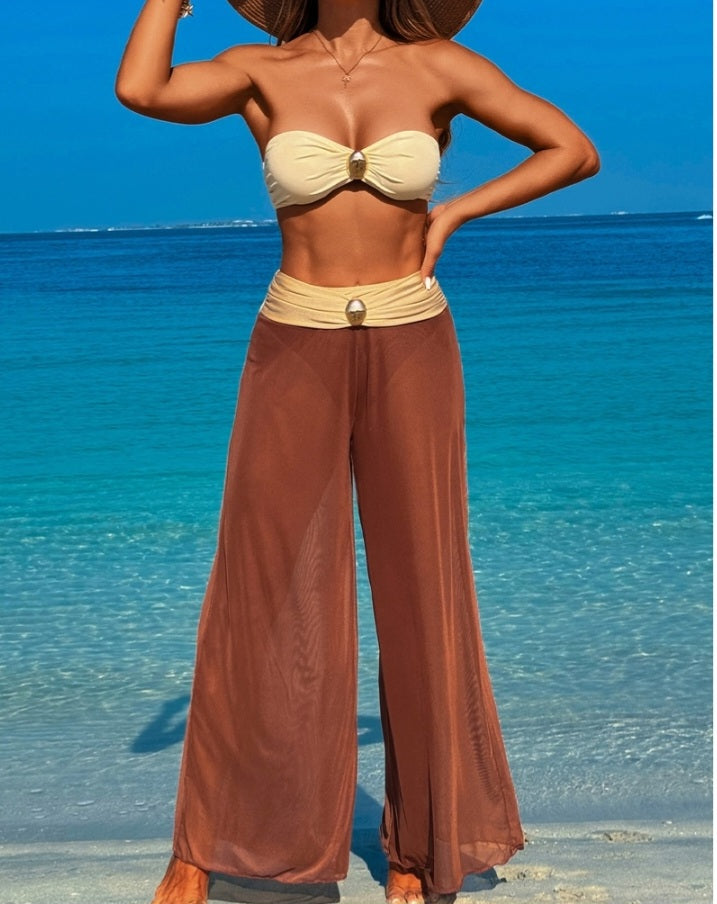 Solid Color Metal Decor Beach Bikini Pants Set