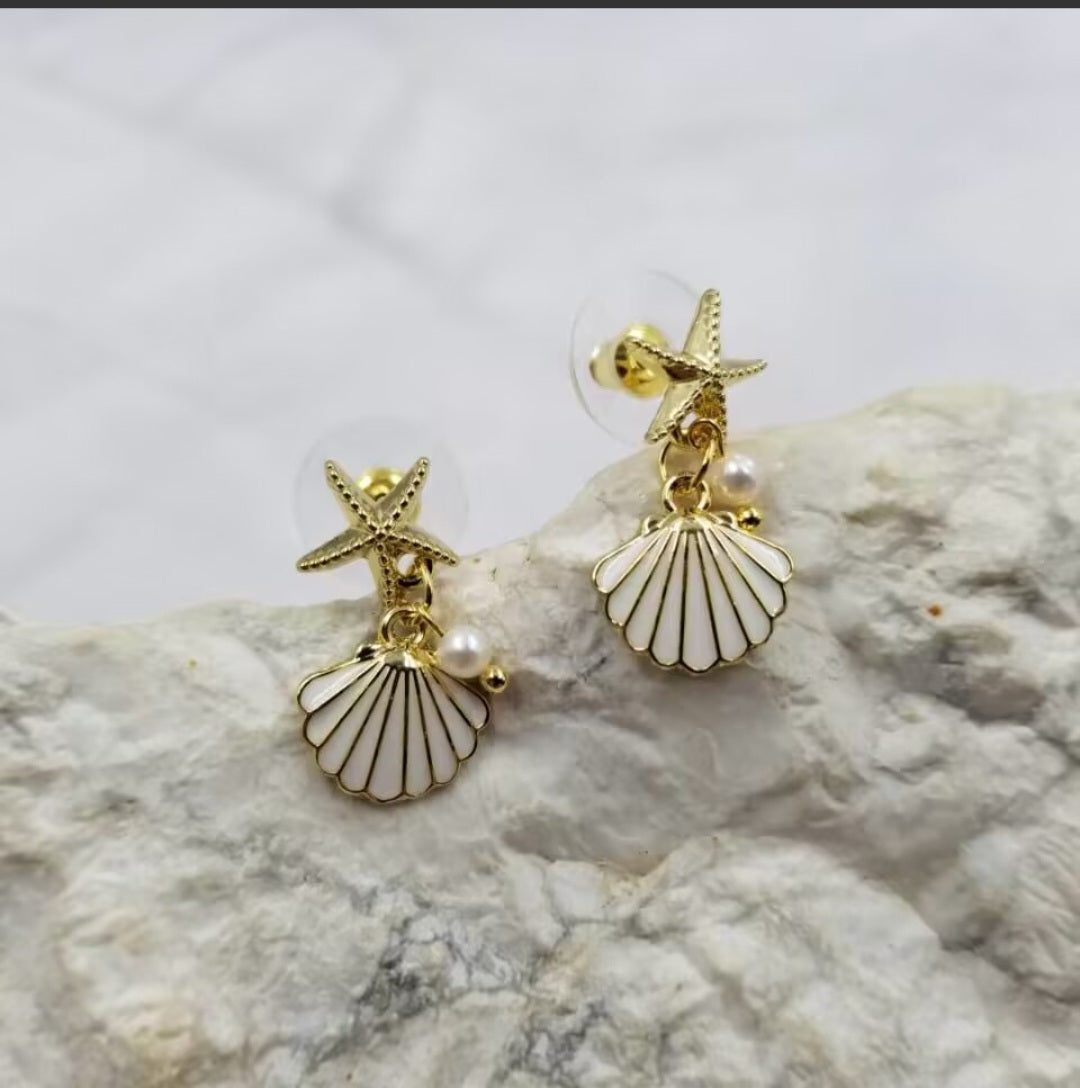 Gold Plated Shells and Starfish Earrings