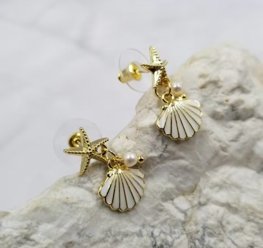 Gold Plated Shells and Starfish Earrings