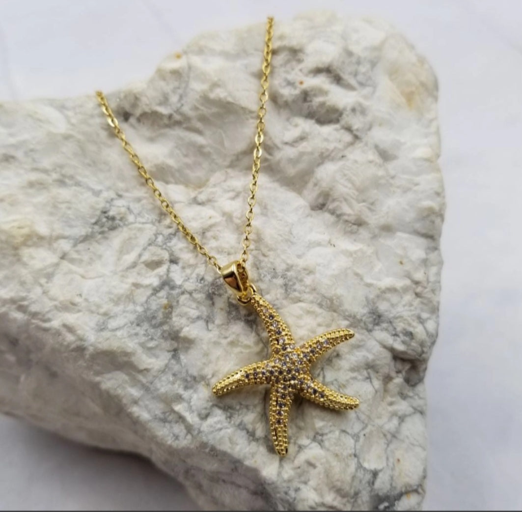 Sparkly Starfish Gold Plated Stainless Steel Necklace