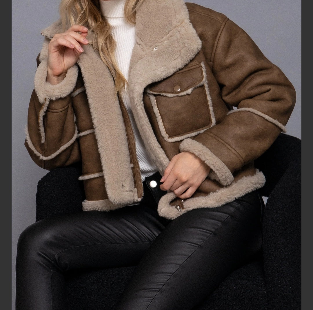 Long Sleeve Pocket Detail Faux Leather Inner Fur Jacket