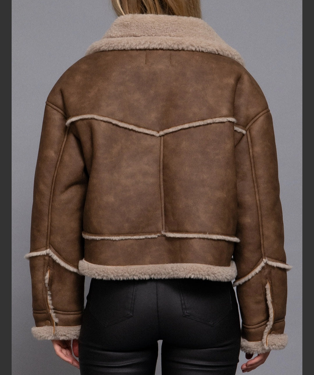 Long Sleeve Pocket Detail Faux Leather Inner Fur Jacket