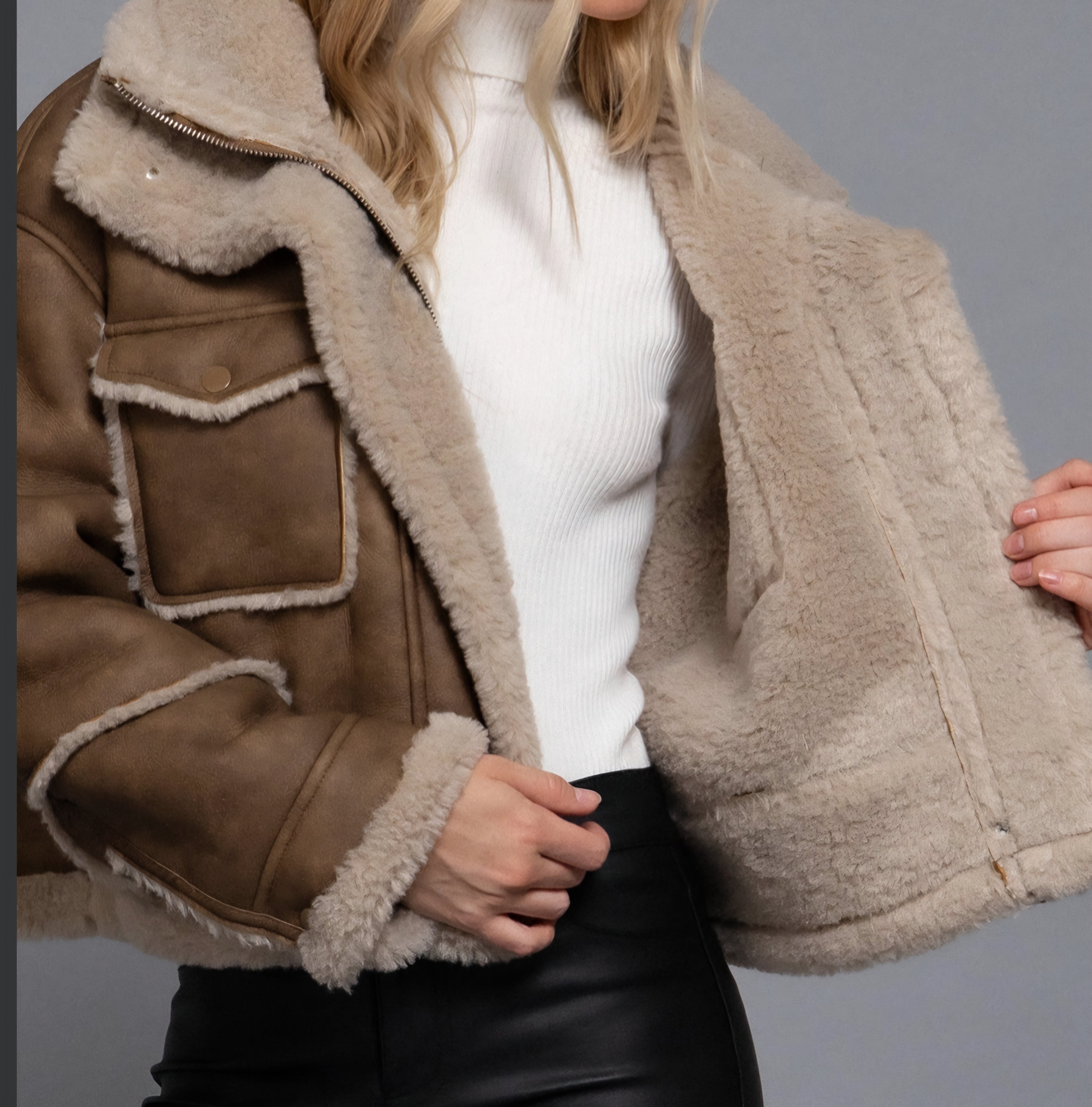 Long Sleeve Pocket Detail Faux Leather Inner Fur Jacket