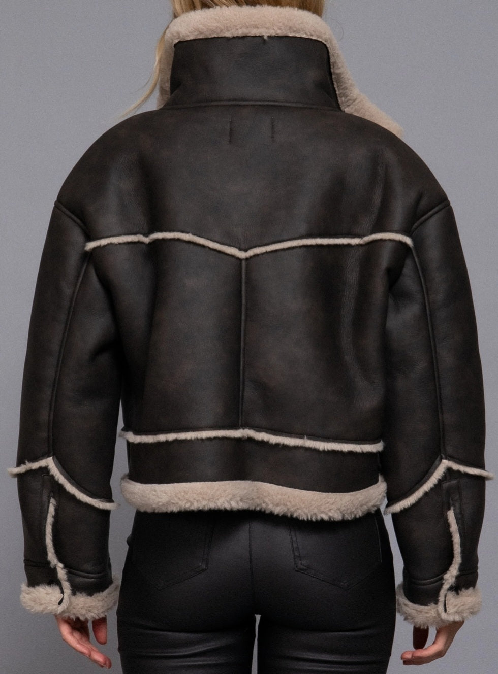 Long Sleeve Pocket Detail Faux Leather Inner Fur Jacket