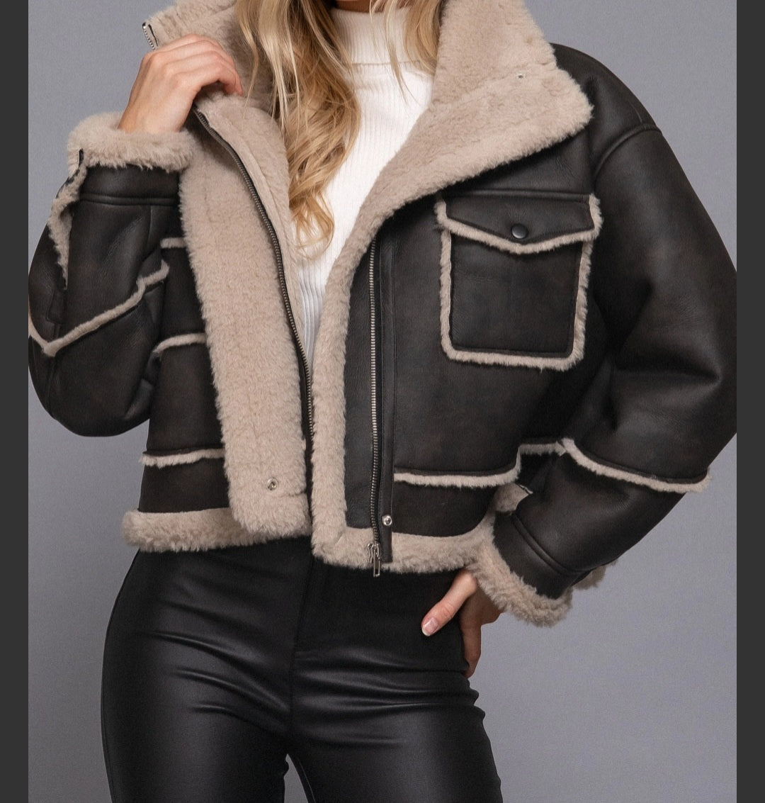 Long Sleeve Pocket Detail Faux Leather Inner Fur Jacket