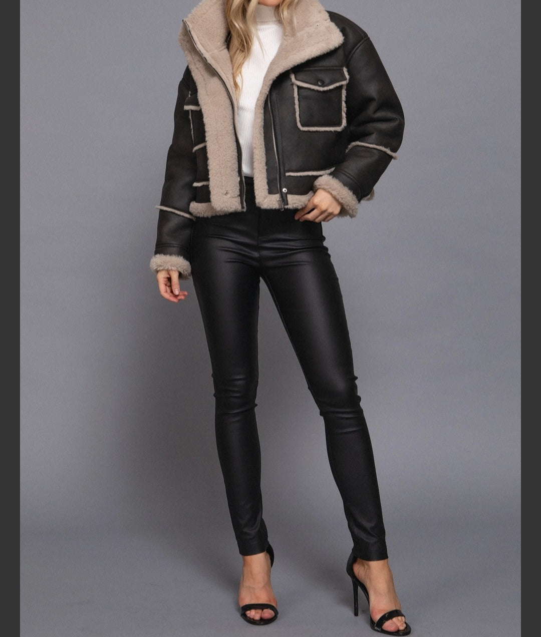 Long Sleeve Pocket Detail Faux Leather Inner Fur Jacket