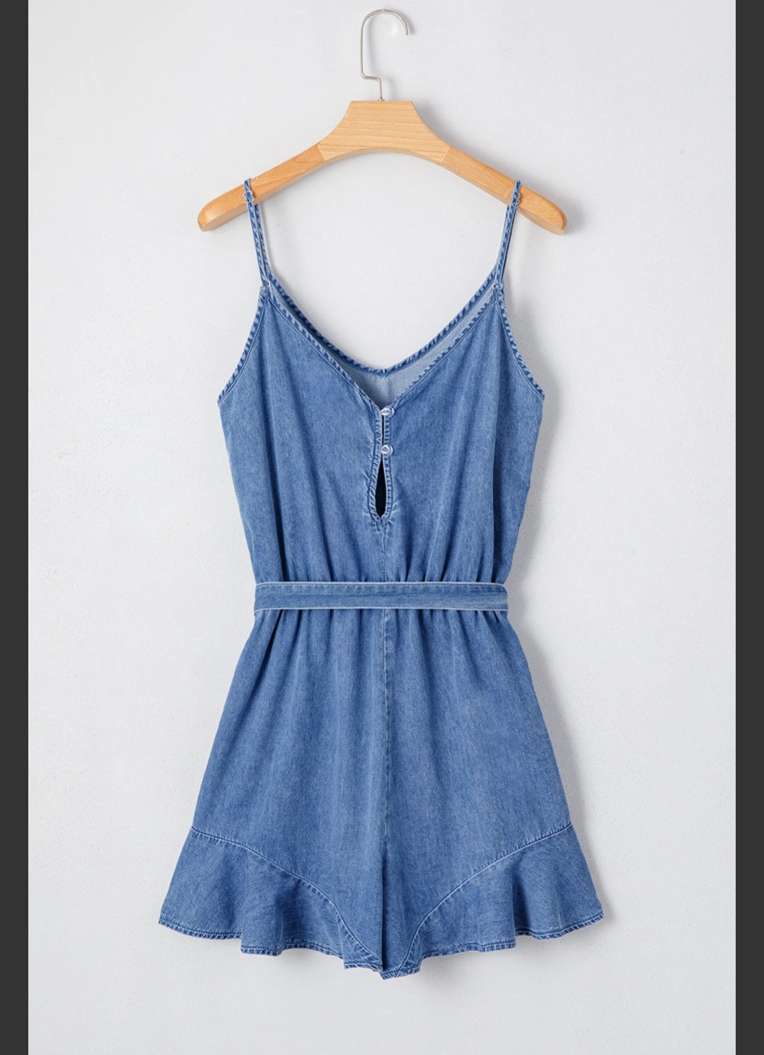 Chambray Spaghetti Strap Romper with Ruffle Hem and Belted Waist