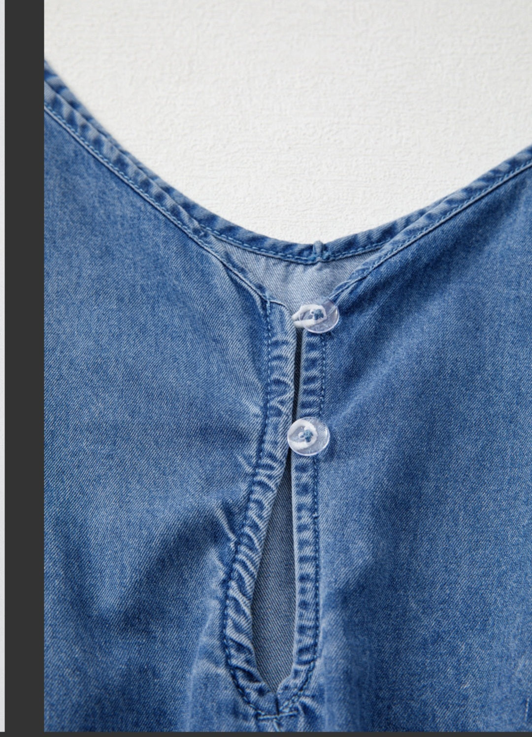 Chambray Spaghetti Strap Romper with Ruffle Hem and Belted Waist