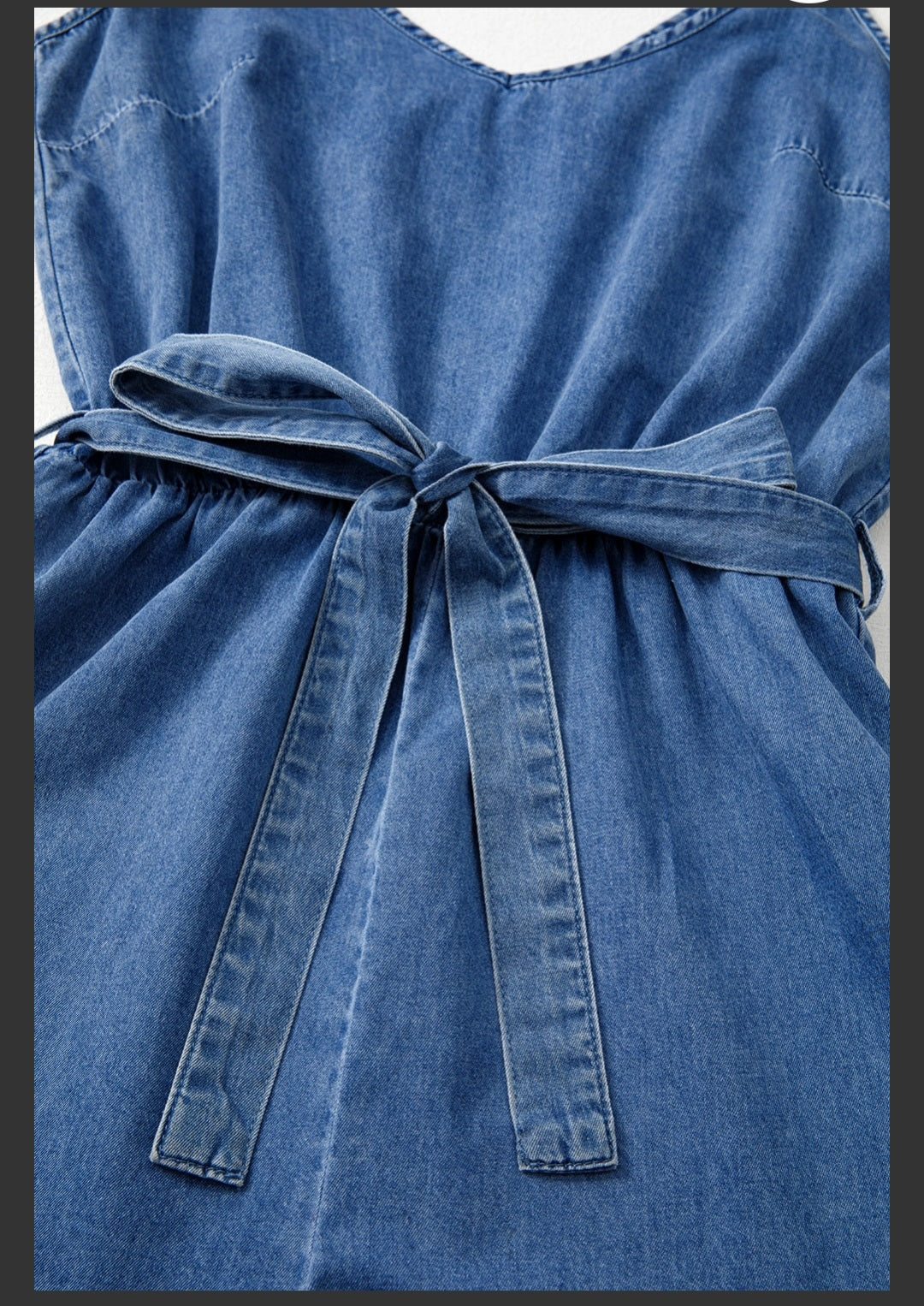 Chambray Spaghetti Strap Romper with Ruffle Hem and Belted Waist