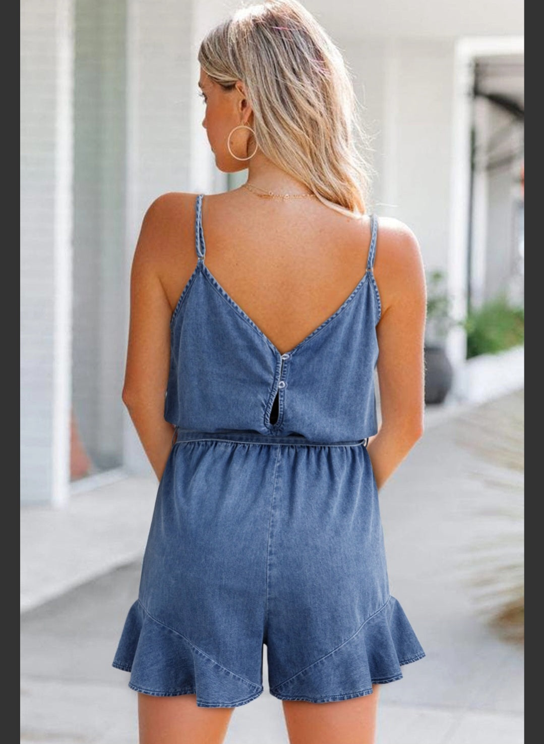 Chambray Spaghetti Strap Romper with Ruffle Hem and Belted Waist