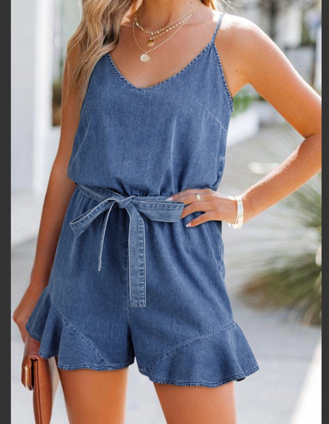 Chambray Spaghetti Strap Romper with Ruffle Hem and Belted Waist