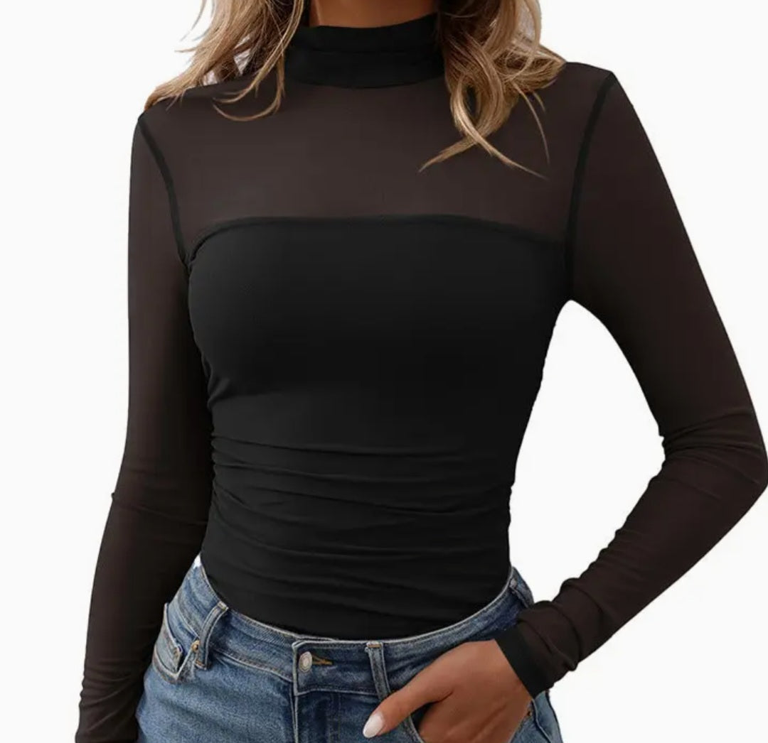 Women's Half High Neck Sheer Long Sleeve Sexy  Mesh Top