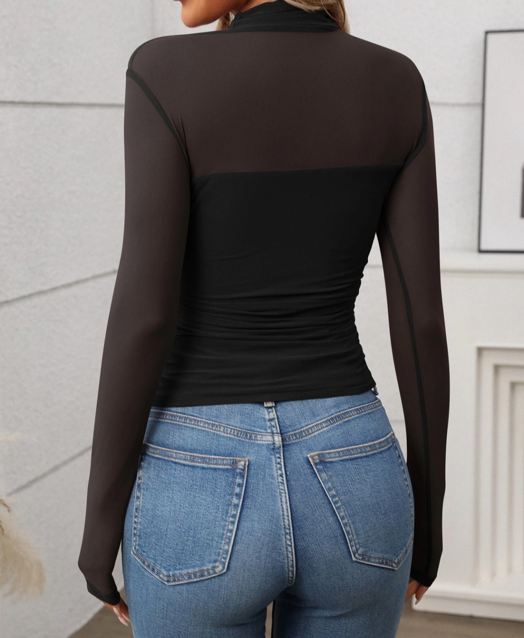 Women's Half High Neck Sheer Long Sleeve Sexy  Mesh Top