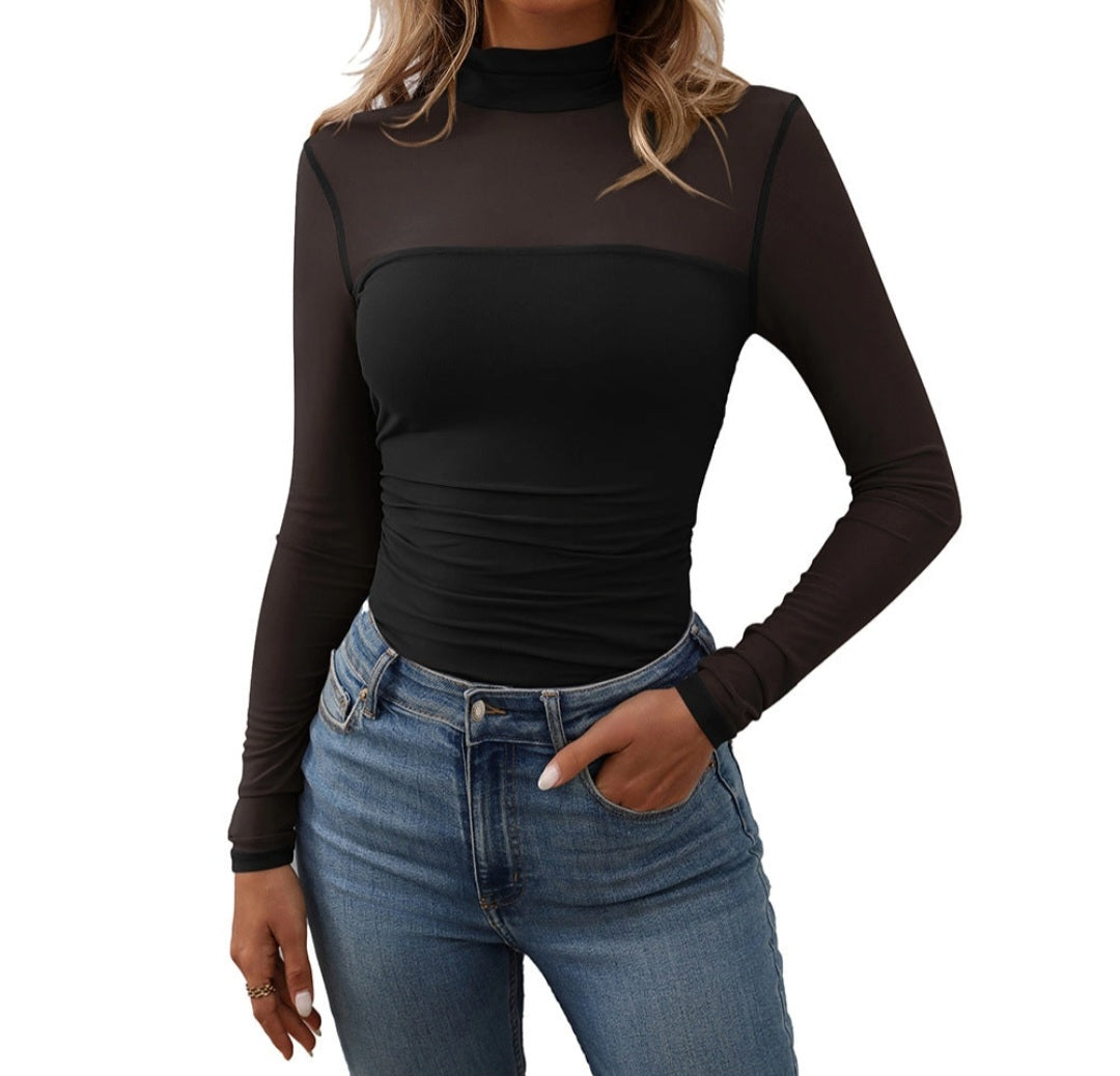 Women's Half High Neck Sheer Long Sleeve Sexy  Mesh Top