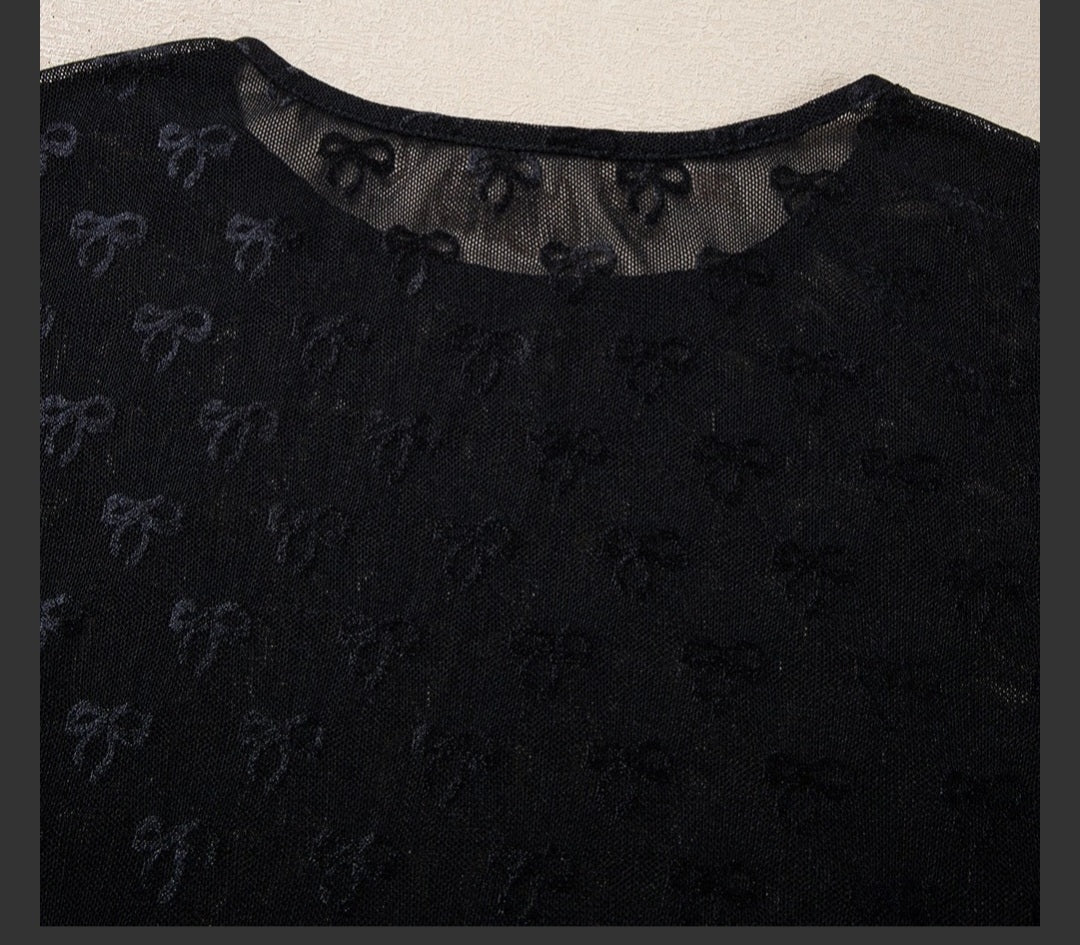 Black Mesh Bow Pattern Long Sleeve Top